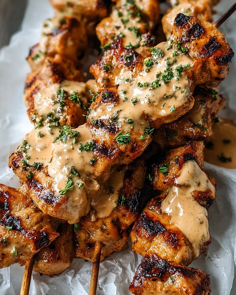 This image shows grilled chicken pieces on a wooden skewer. The skewer is held by a woman's hand and the chicken is coated in a creamy, light brown sauce that looks thick and smooth. The chicken pieces are golden brown with some dark grill marks and a slightly charred texture. In the background, more grilled chicken pieces coated with the same sauce are scattered on a white marbled surface. The sauce glistens under soft light, making the chicken look juicy and tender. photo taken with an iphone --ar 4:5 --v 7