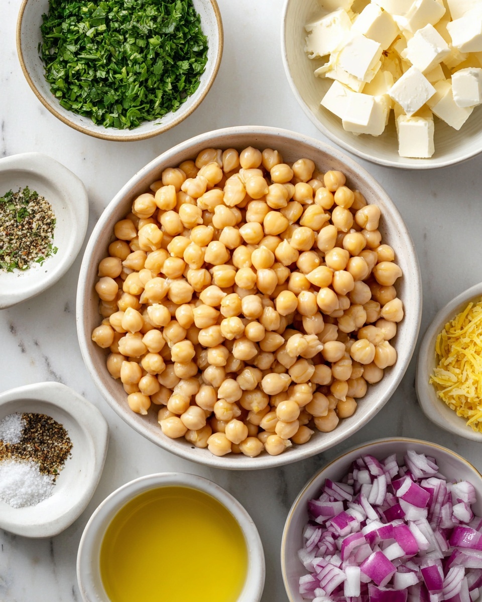 The image shows a large white bowl filled with light beige chickpeas in the center, surrounded by smaller white bowls containing different ingredients: one bowl of finely chopped fresh green herbs on the top left, a bowl of bright yellow olive oil at the top center, a bowl of white cheese cubes with slight yellow shadows to the right, a bowl of diced red onions at the bottom left, a bowl of mixed salt, black pepper, and lemon zest at the bottom center, and another bowl of a yellow liquid at the bottom right. All bowls sit on a white marbled surface, and the scene is well lit, capturing the fresh textures and colors clearly. Photo taken with an iphone --ar 4:5 --v 7