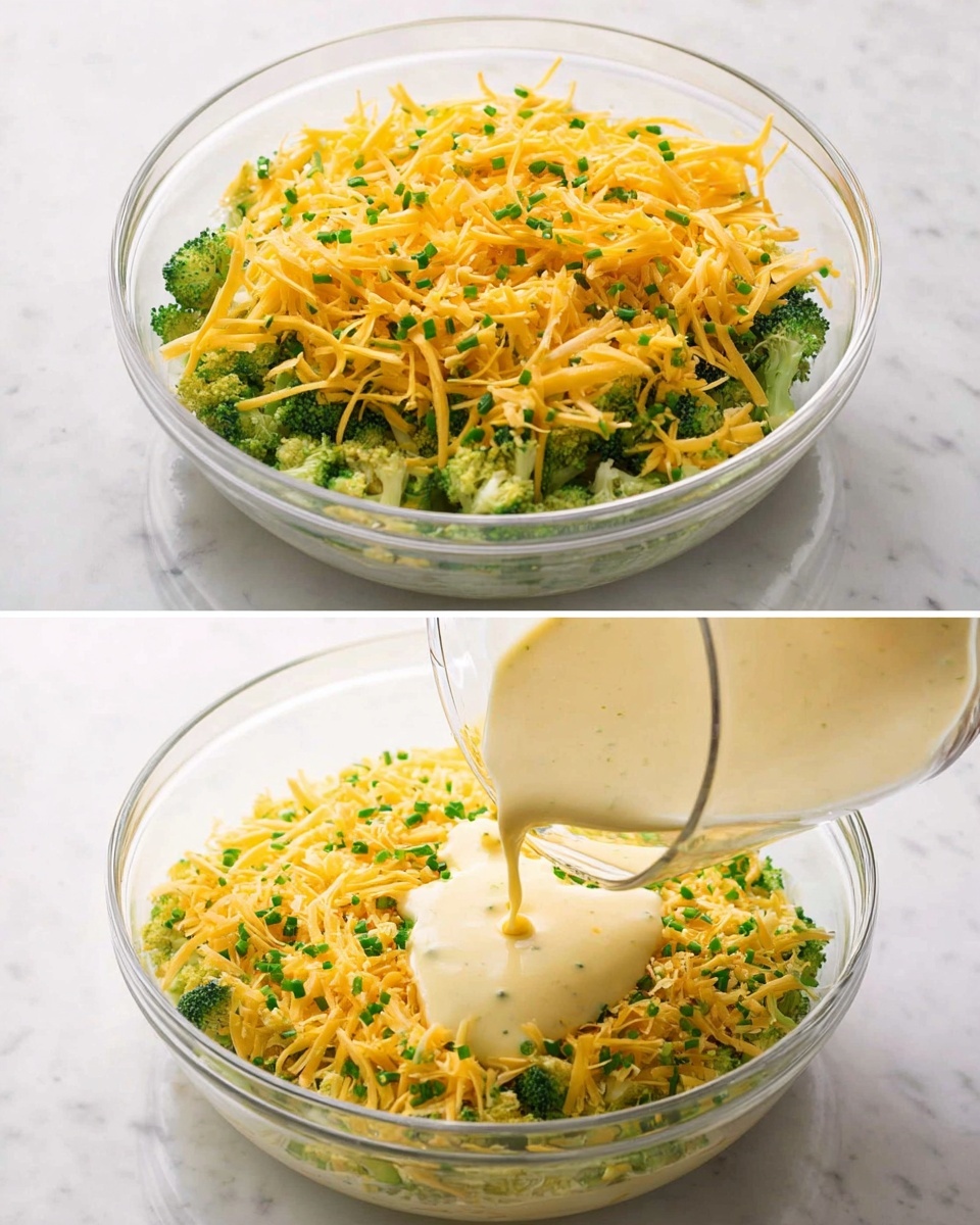 The image shows two views of a clear glass round dish placed on a white marbled surface. Inside the dish, there is a mix of small green broccoli pieces as the bottom layer, topped evenly with shredded yellow cheddar cheese and small green chive pieces scattered on top. In the second view, a creamy, pale yellow liquid is being poured from a transparent measuring cup over the broccoli, cheese, and chive mix, covering the layers partially with a smooth texture. Photo taken with an iphone --ar 4:5 --v 7