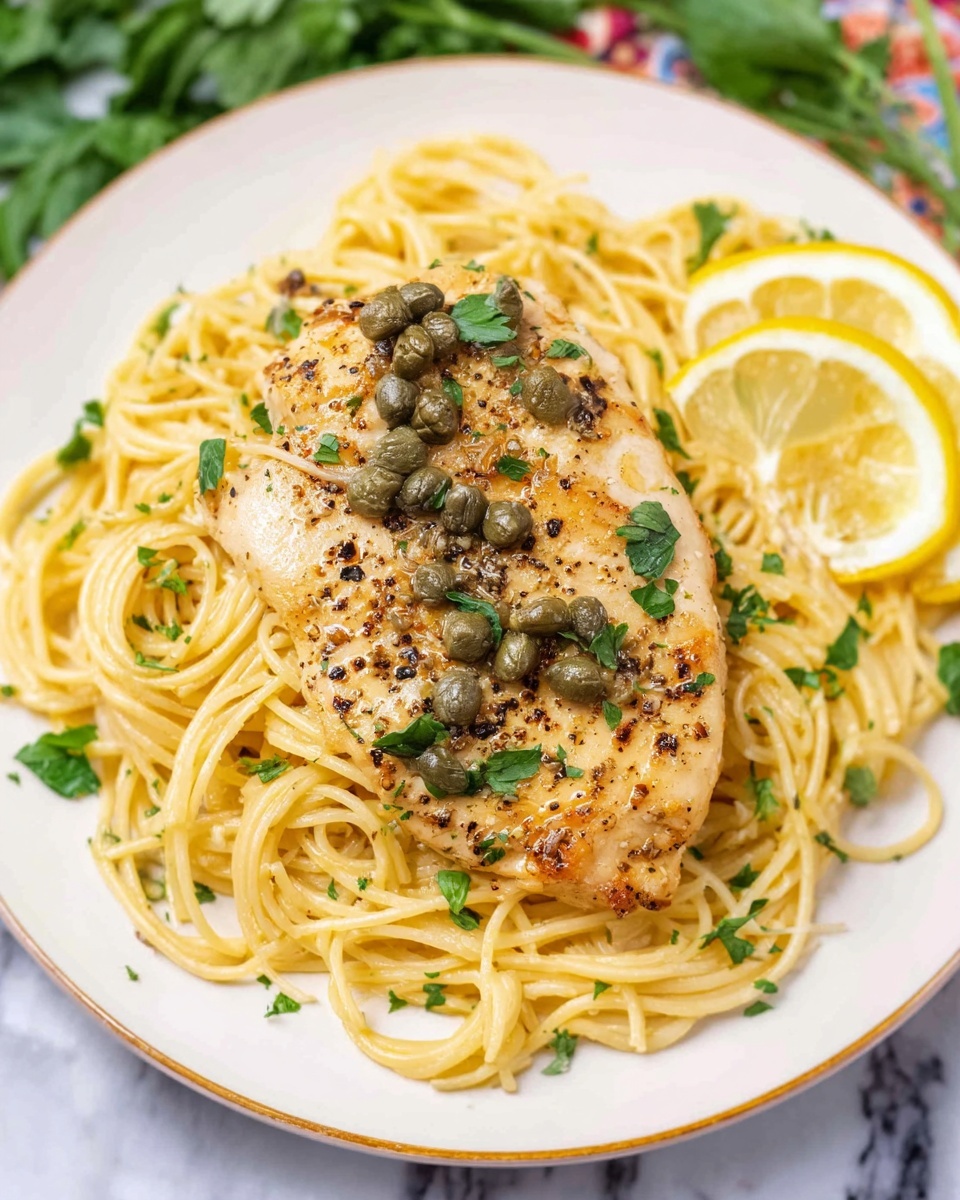 A white plate holds a serving of plain light yellow spaghetti arranged in a loose nest shape, topped with a cooked light brown chicken piece sprinkled with black pepper and small dark green capers. On the right side of the chicken, a thin lemon slice with pale yellow flesh is partially visible. Small bright green parsley leaves are scattered on the spaghetti and around the plate. The dish is set on a white marbled surface with some green parsley leaves in the background. Photo taken with an iphone --ar 4:5 --v 7