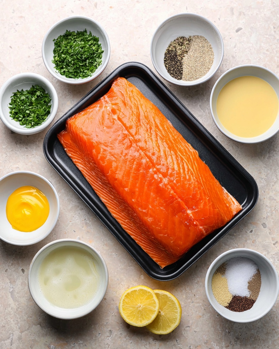 A bright orange fresh salmon fillet lies flat on a black tray in the center of the image. Around the tray are eight small white bowls arranged in a loose circle on a white marbled surface. The bowls contain various ingredients: one has chopped green herbs, another holds a mix of salt and black pepper, a third has a yellow mustard dollop, the fourth has a light yellow creamy sauce, the fifth contains two lemon halves showing juicy yellow insides, a sixth bowl has a white liquid, the seventh shows a beaten egg with some bubbles, and the eighth bowl holds a mixture of seasonings including garlic powder and pepper. The setup is clean and bright, with even lighting showing details clearly. photo taken with an iphone --ar 4:5 --v 7