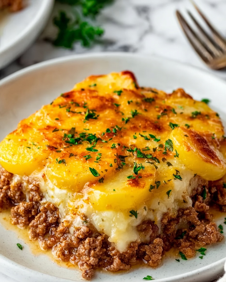 The dish shows two thick layers on a white plate. The bottom layer is a textured brown ground meat mix, spread evenly. On top, there is a yellow layer of sliced potatoes, some overlapping, with a smooth and slightly shiny surface. The top layer is melted cheese that looks creamy and golden with browned spots and bits of chopped green herbs sprinkled on the whole dish. The background is a white marbled surface with part of a fork in the upper area, and a woman's hand holding the plate from the right side. Photo taken with an iphone --ar 4:5 --v 7