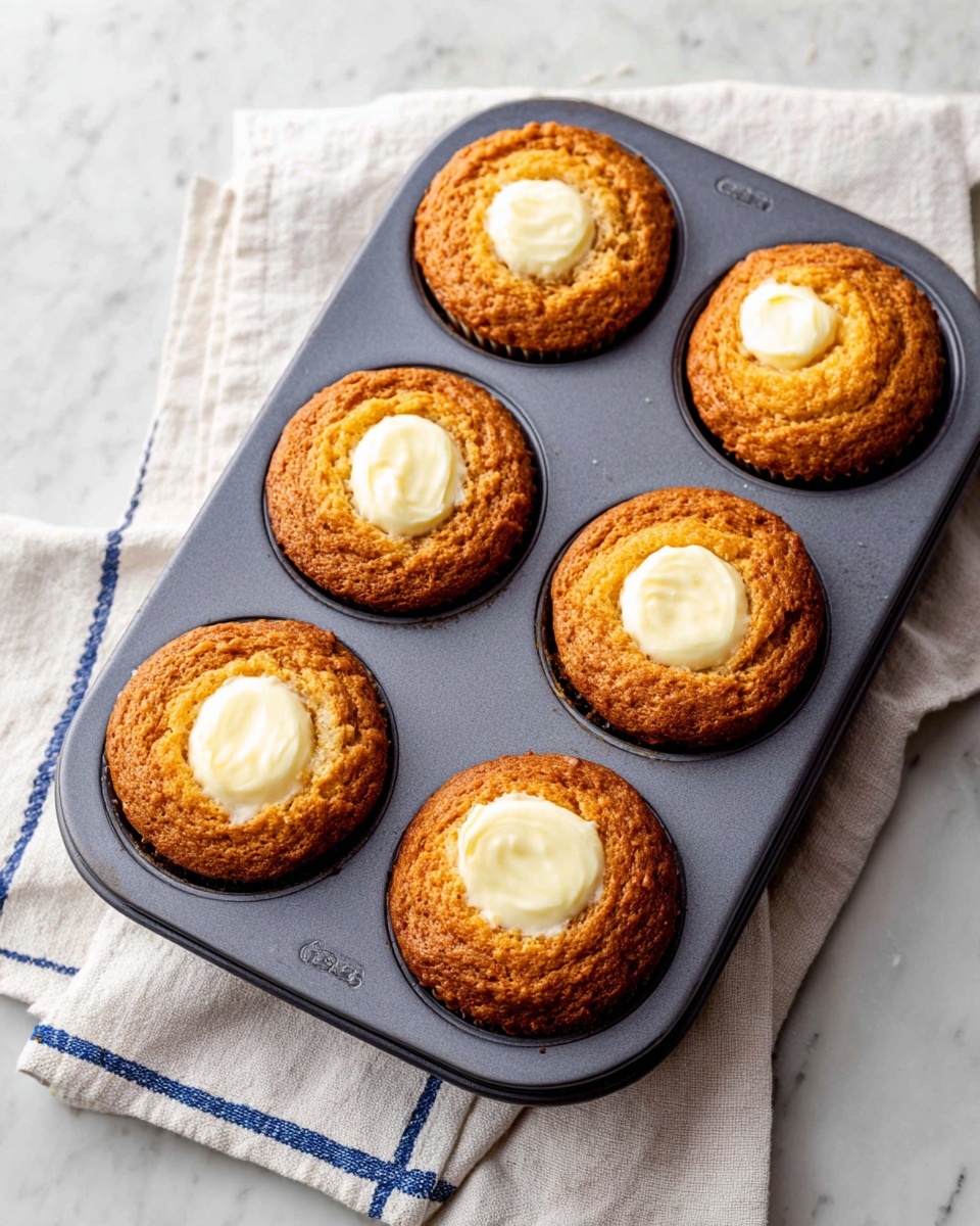 A black metal muffin tray holds six golden brown muffins, each topped with a dollop of creamy white filling in the center. The muffins have a slightly rough texture on the surface and a soft, moist look around the edges. The tray rests on a black and white checkered cloth, with a few scattered pumpkin seeds visible around the muffins and on the tray. In the blurred background, a white plate with more muffins sits on a light wooden board, all placed on a white marbled surface. photo taken with an iphone --ar 4:5 --v 7