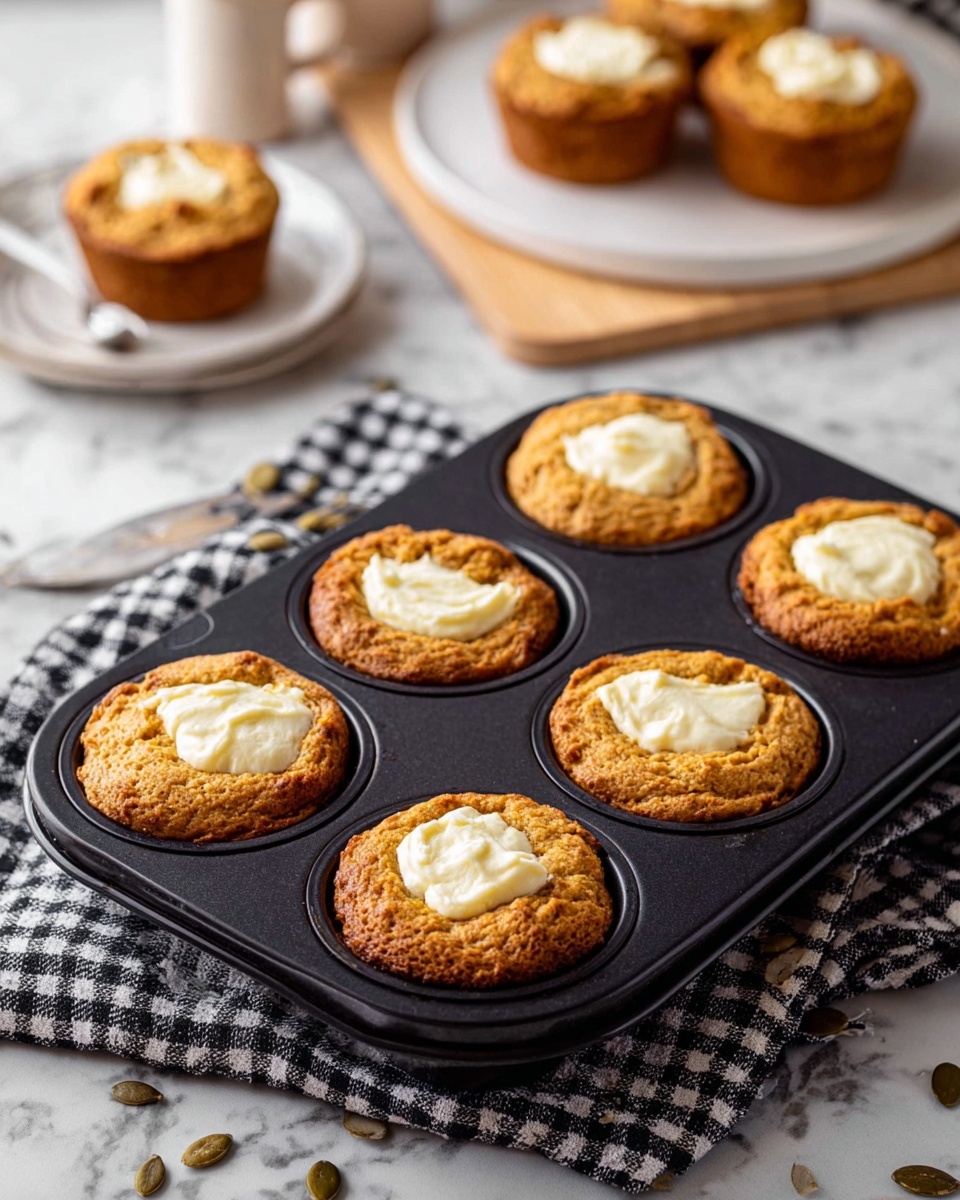 There are six golden brown muffins in a dark gray baking tray, each with a smooth, creamy white round topping in the center, slightly sunken and soft in texture. The muffins have a rough and crumbly surface with visible specks. The tray is placed on a white cloth with blue stitching, set against a white marbled surface. The photo taken with an iphone --ar 4:5 --v 7