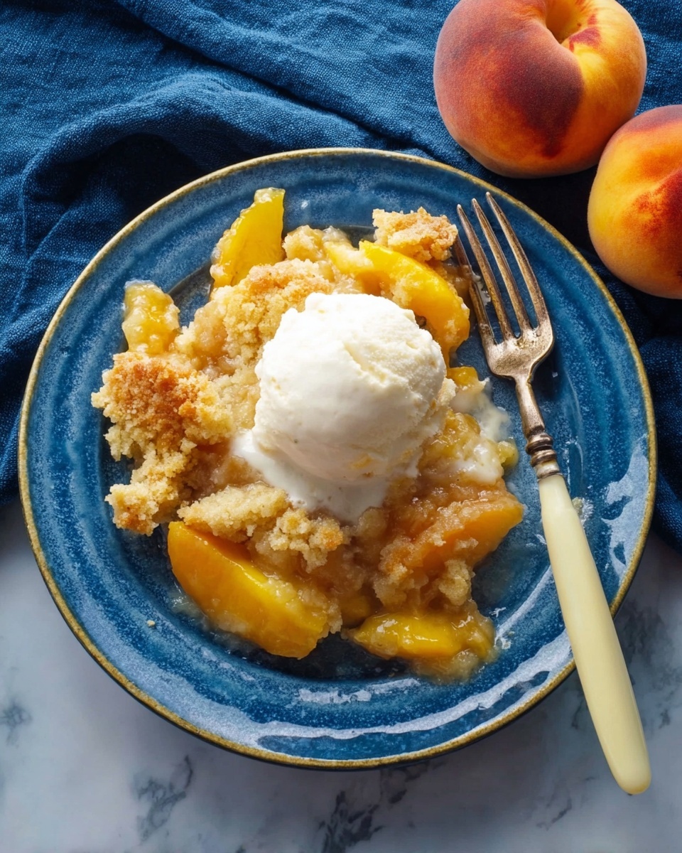 A white plate holds a peach cobbler with two layers: the bottom layer is made of soft, bright yellow peach slices, and on top is a rough, crumbly golden-brown baked topping with some sugar crystals visible. A scoop of creamy, white ice cream sits in the center of the cobbler, starting to melt slightly, with some crumbs sprinkled on it. A gold fork rests on the right side of the plate. The background shows whole peaches and a dark blue cloth on a white marbled surface. The photo taken with an iphone --ar 4:5 --v 7