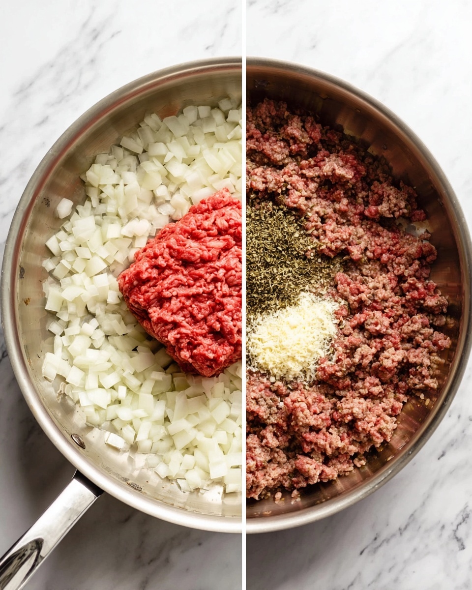 The image shows two side-by-side views of a shiny stainless steel pan on a white marbled surface. On the left side, inside the pan, there is one large layer of chopped white onion pieces spread evenly, topped with a large chunk of raw ground beef with a bright red color and coarse texture sitting in the middle. On the right side, the pan holds a cooked mixture of ground beef and onion, browned and crumbly, with two small piles of finely minced garlic and various dried green herbs placed on top in the center. The pan handle extends towards the bottom left in both views. Photo taken with an iphone --ar 4:5 --v 7