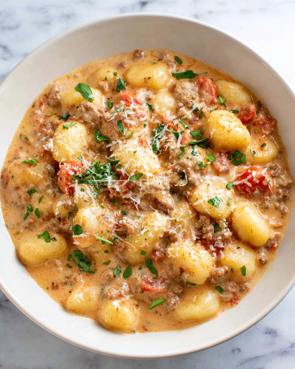 A close-up view of a creamy stew with three main layers: the top layer is sprinkled with small bits of green herbs and tiny black pepper flakes scattered across the light brown creamy sauce; below that, evenly mixed soft, pale cream-colored gnocchi pieces; and throughout the dish, small chunks of browned ground meat and bits of red tomato pieces add texture. A white spoon is scooping up some of the stew, showing the smooth, rich sauce and soft gnocchi. The stew is in a silver metal pot set on a white marbled surface. photo taken with an iphone --ar 4:5 --v 7