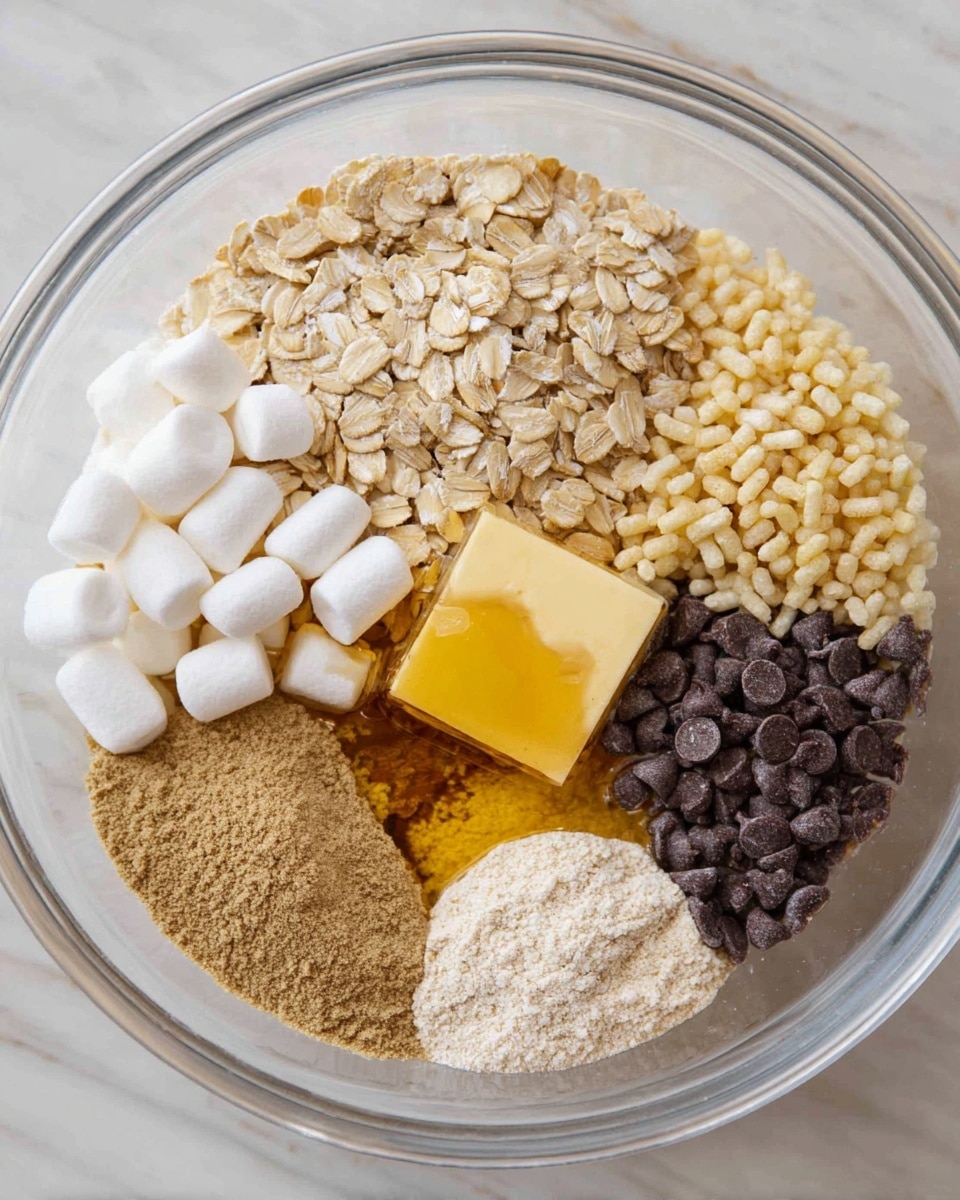 A clear glass bowl shows seven separate layers of ingredients, each with different colors and textures. Starting from the top left, there are light beige rolled oats, next to small white marshmallows, and a square piece of pale yellow butter on the top right. Below the butter are tiny light beige puffed rice cereal pieces. At the bottom right are small dark brown chocolate chips. In the center is a golden shiny layer of honey or syrup that spreads slightly over the surrounding ingredients. At the bottom left, there is a light brown circular baking powder or similar and some fine powder of a slightly darker beige color next to it. The bowl sits on a white marbled surface. photo taken with an iphone --ar 4:5 --v 7
