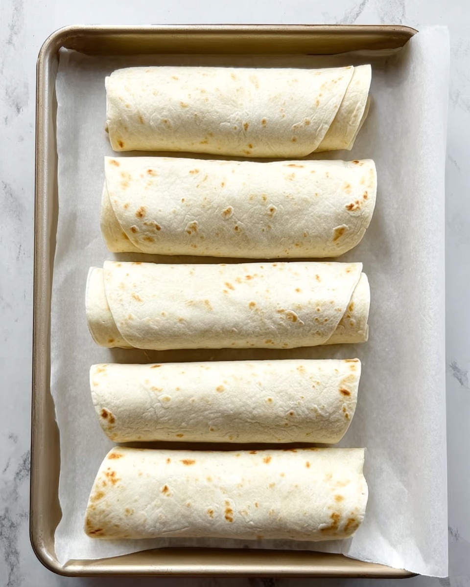 The image shows five rolled tortillas placed neatly in a row on a white baking tray lined with parchment paper. Each tortilla is light beige with small brown spots, smooth in texture, and uniformly folded into a rectangular shape. The tray rests on a white marbled surface, giving a clean and simple background. photo taken with an iphone --ar 4:5 --v 7