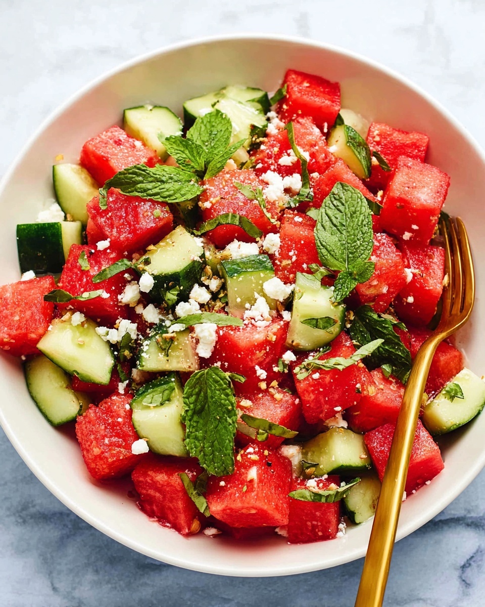 A white bowl filled with a colorful salad made of bright red watermelon cubes and green cucumber chunks, mixed evenly. Small bits of white cheese are sprinkled on top, along with fresh green mint and basil leaves scattered throughout. A golden fork rests on the side inside the bowl. The bowl sits on a white marbled surface. photo taken with an iphone --ar 4:5 --v 7