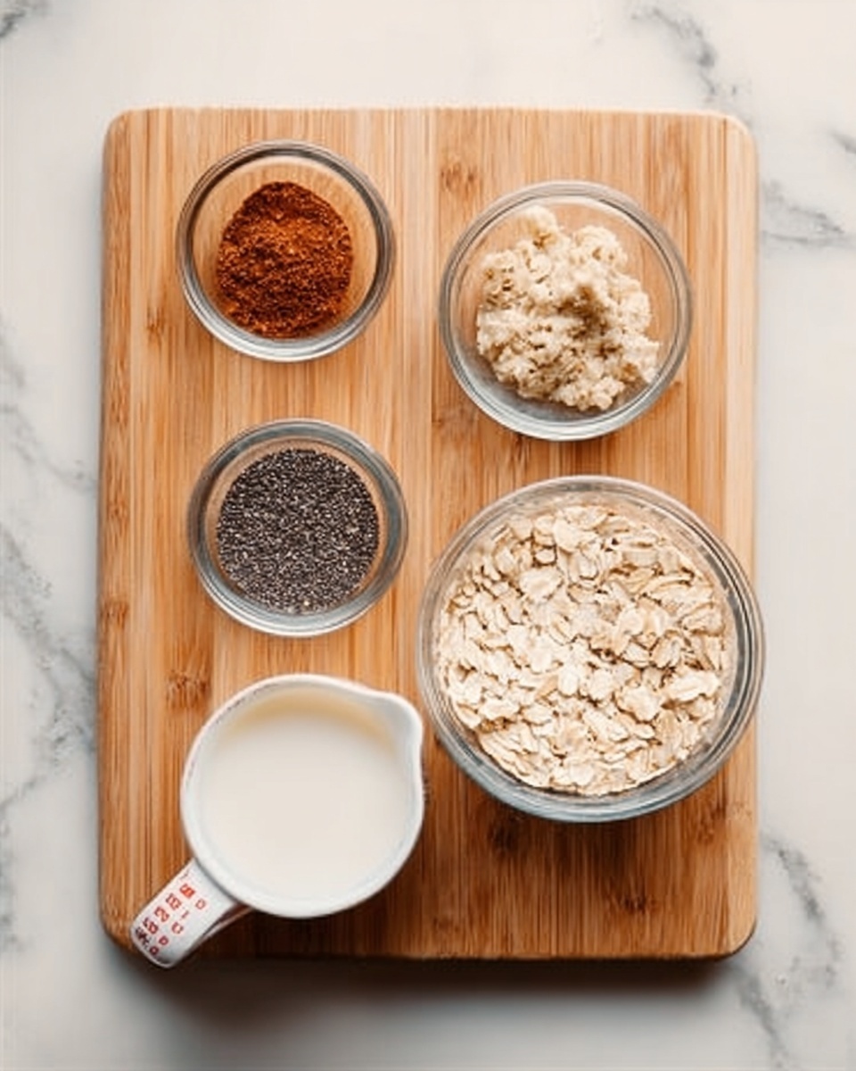 The image shows a wooden board with five clear glass bowls and a white measuring cup arranged neatly. The bowls contain different ingredients: one has a small amount of reddish-brown powder, another holds a clump of light brown soft sugar, the third is filled with black chia seeds, the fourth has rolled oats, and the measuring cup is filled with white milk. The wooden board is placed on a white marbled surface. The photo taken with an iphone --ar 4:5 --v 7