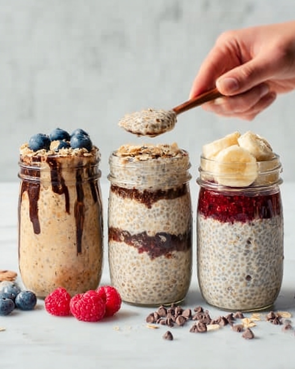 The image shows four clear glass jars filled with chia pudding, arranged on a white marbled surface. The jar on the left has a thick light beige layer with a dark chocolate drizzle on top, decorated with blueberries and a few scattered raspberries around it. The second jar from the left contains a creamy beige chia pudding with a woman's hand holding a small wooden spoon scooping some from the top. The third jar from the left is topped with banana slices layered neatly over the pudding. The jar on the right has three visible layers: the bottom is a dark red jam, the middle is the chia pudding, and the top is garnished with raspberries and chocolate chips. Chocolate chips and raspberries are scattered around the base of the jars. photo taken with an iphone --ar 4:5 --v 7