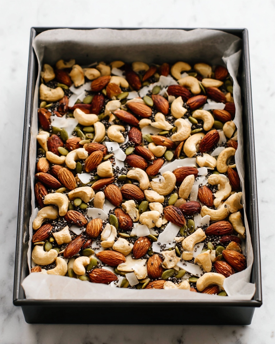 The image shows a black baking pan lined with white parchment paper, filled with a mixture of nuts and seeds. The mixture has three main layers: whole almonds that are brown and shiny, cashew nuts that are beige and curved, and pumpkin seeds that are green and oval. There are also thin, white coconut flakes and small black chia seeds scattered evenly throughout the mixture. This mixture fills the pan evenly and looks ready to bake on a white marbled surface. Photo taken with an iphone --ar 4:5 --v 7