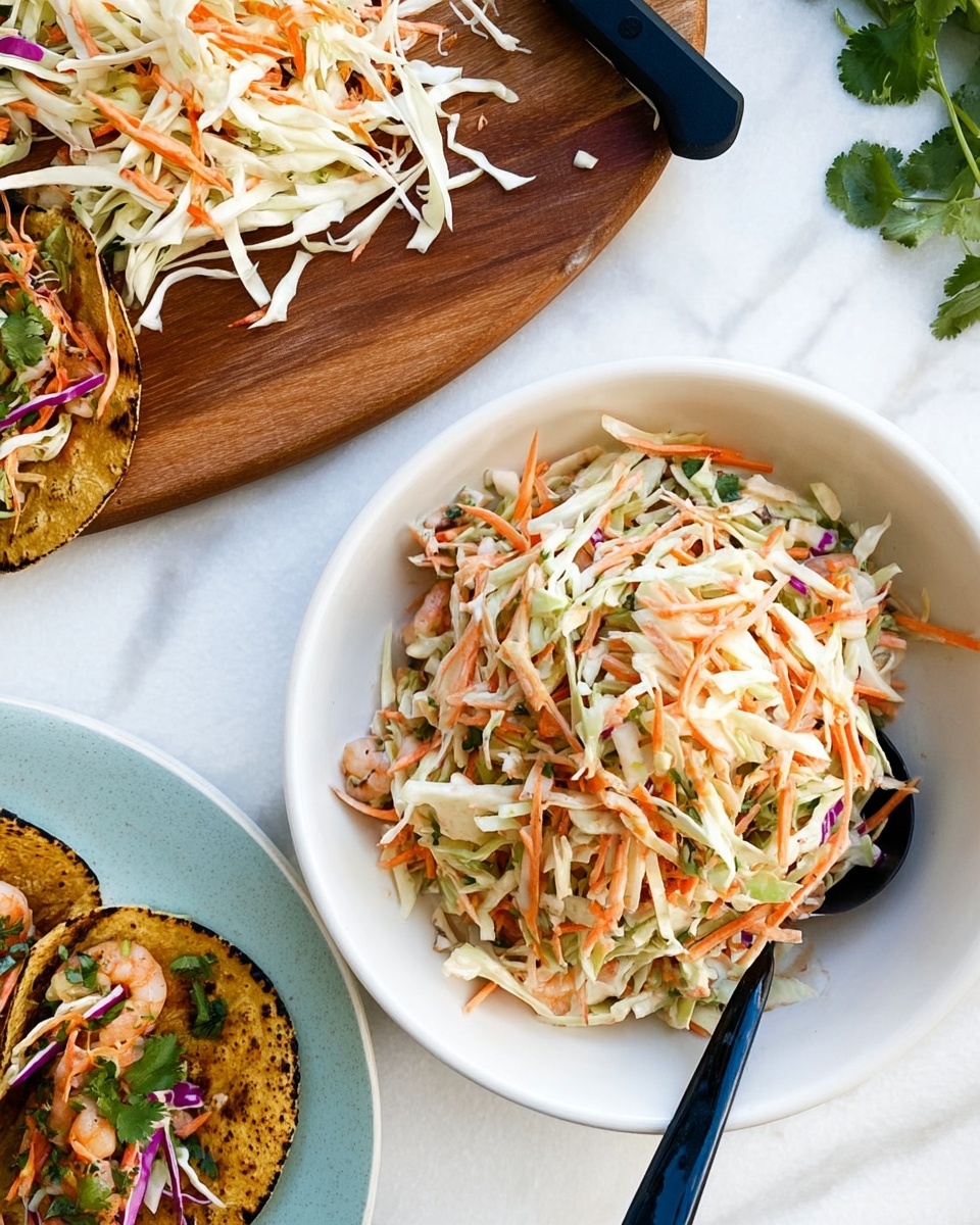 A white bowl filled with colorful shredded coleslaw sits on a white marbled surface, containing thin layers of white cabbage, orange carrot strips, green herbs, and hints of purple onion, with a black spoon resting inside on the right side. Nearby on the left, a wooden cutting board holds thinly shredded white cabbage and a white knife. At the bottom left corner, there is a pale blue plate holding three tacos with charred corn tortillas filled with seasoned shrimp, fresh green herbs, and bits of shredded vegetables. A fork and spoon are placed on the white marbled surface on the right side. Small cilantro leaves decorate the top right background. Photo taken with an iphone --ar 4:5 --v 7