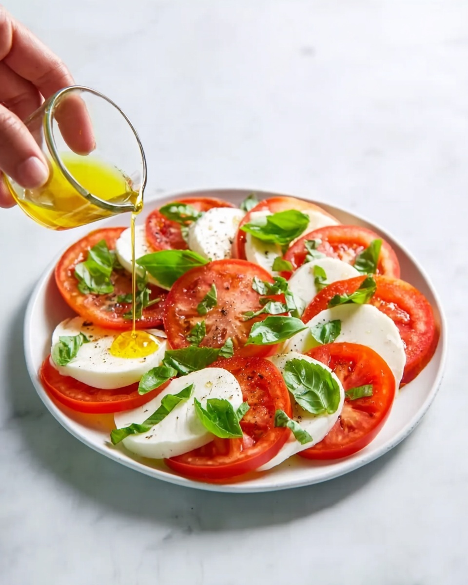 A white round plate on a white marbled surface holds a fresh Caprese salad arranged in neat layers; the bottom layer is bright red tomato slices, each smooth and juicy, topped with white, soft mozzarella slices, both alternating evenly around the plate. Small green basil leaves are scattered on top, adding vibrant contrast. A woman's hand is pouring golden olive oil from a small clear glass bowl onto the salad. The overall look is fresh, colorful, and simple. photo taken with an iphone --ar 4:5 --v 7
