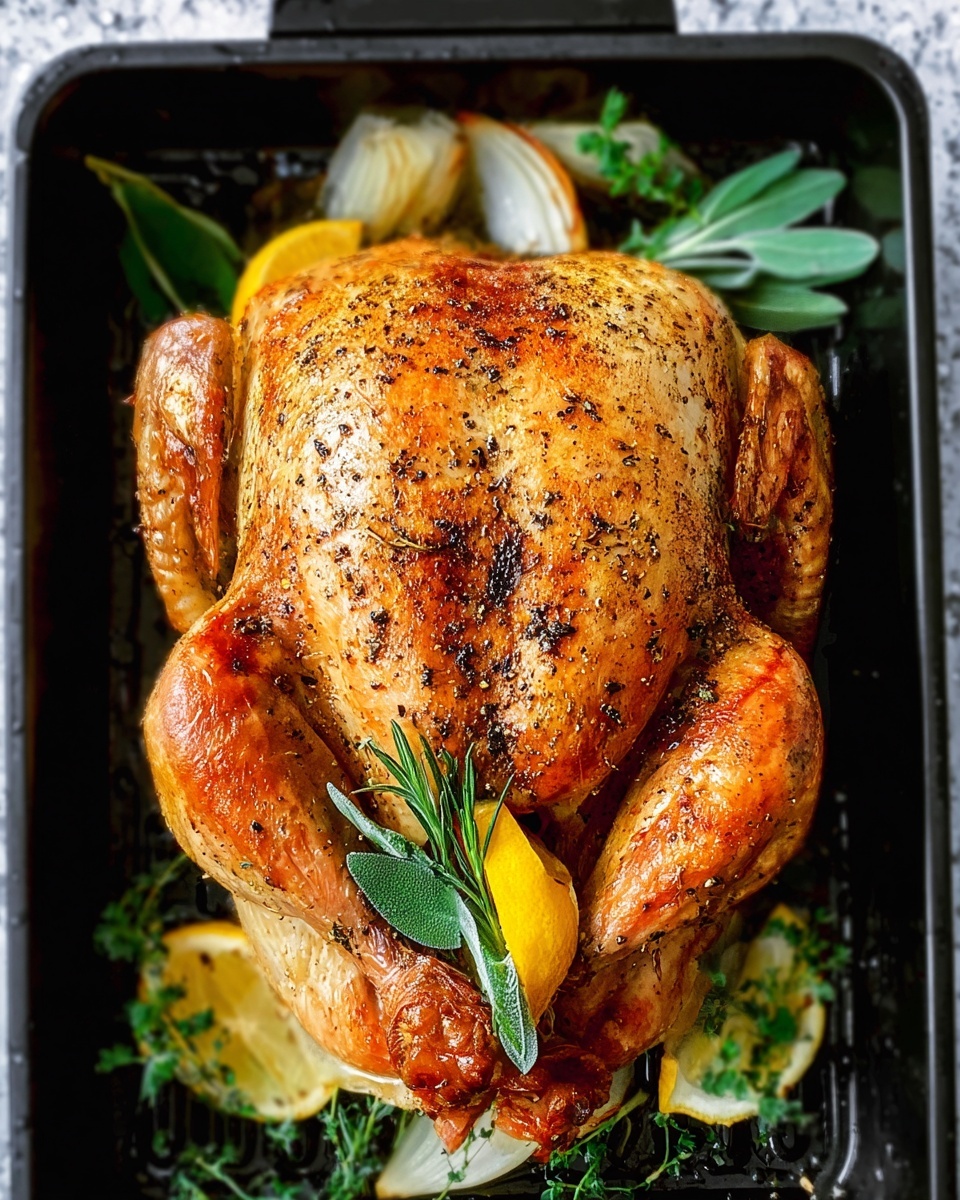 A golden-brown roasted whole chicken sits in a black roasting pan, with a crispy skin sprinkled with black pepper and a textured, crunchy surface. Inside the chicken’s cavity, there are layers of yellow lemon wedges, white onion slices, and green fresh herbs including rosemary and sage, adding bright colors and freshness. The chicken’s wings and legs are tucked close to its body, showing a well-roasted even browning. The roasting pan has some extra lemon and green herbs placed around the chicken for decoration. The background is a white marbled texture photo taken with an iphone --ar 4:5 --v 7