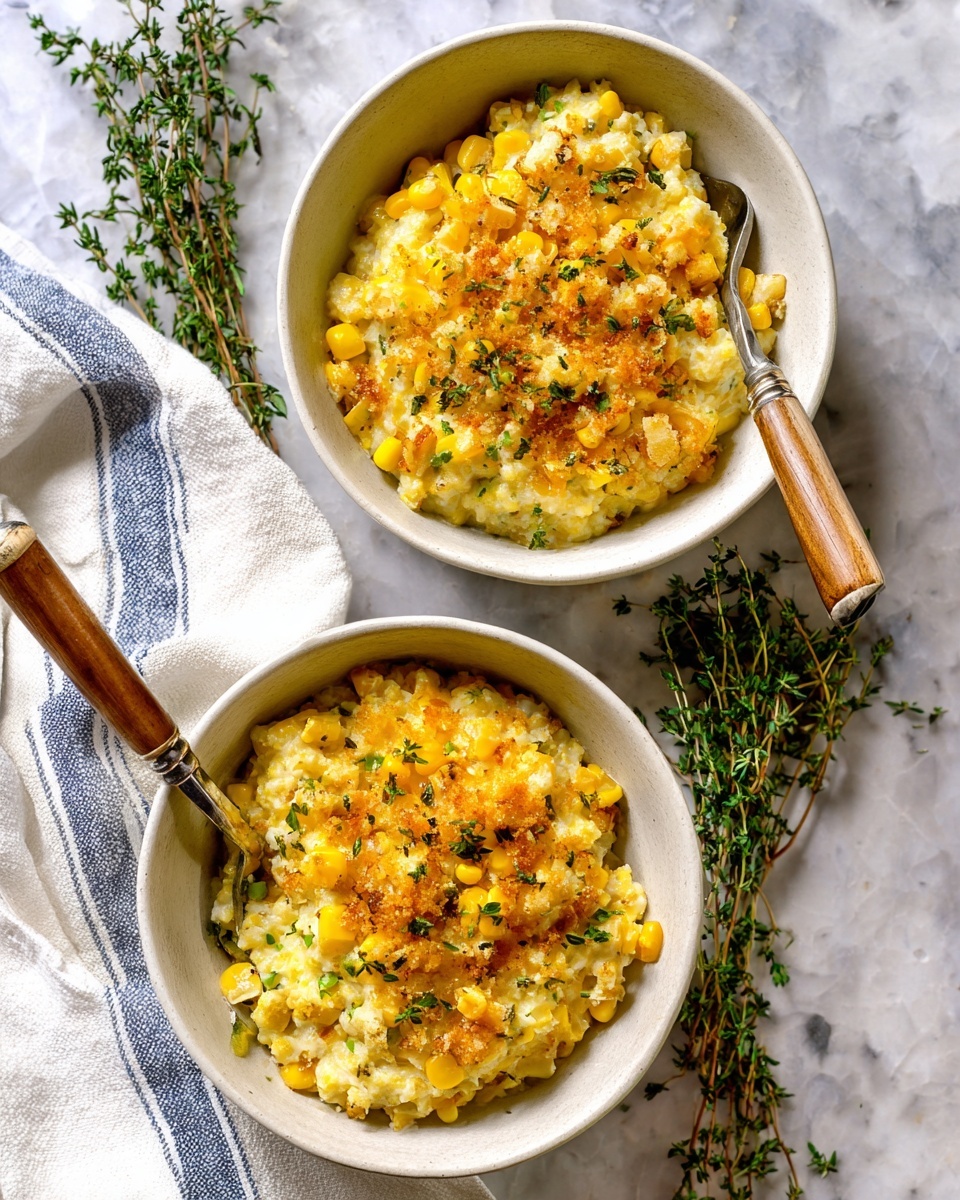 Two white bowls filled with a layered corn dish are shown. The bottom layer is a soft, creamy mixture with a pale yellow color and a slightly chunky texture. The top layer has golden-brown toasted bits and bright yellow corn kernels scattered throughout, giving a mix of soft and crispy textures. Small green herb pieces are sprinkled on top, adding a fresh touch. Each bowl has a silver spoon with a wooden handle resting inside. They sit on a white marbled surface with some fresh green thyme sprigs beside them and a white cloth with blue stripes partially visible on the side. photo taken with an iphone --ar 4:5 --v 7