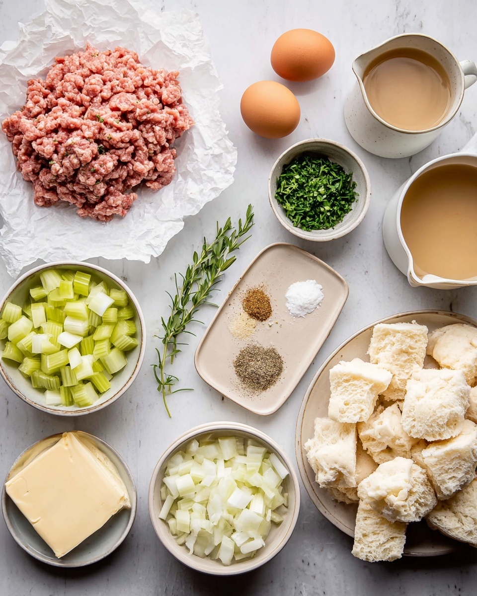 The image shows various ingredients arranged neatly on a white marbled surface. On the left, there is a pile of raw ground meat on white parchment paper, surrounded by two brown eggs above it. Next to the eggs, a white bowl holds chopped green herbs, while to its right, a glass jug contains light brown broth. In the center, three fresh green herb sprigs lie next to a small beige plate holding three ground spices and salt in neat sections. Below, a white bowl is filled with sliced pale green celery. On the bottom left, a white bowl contains chopped white onions. Near the center-left, a white plate holds a stick of pale yellow butter. On the right side, a white plate is piled high with torn, soft pieces of white bread. Everything is well-lit with natural light, and the composition is clean and organized, suggesting preparation for cooking. Photo taken with an iphone --ar 4:5 --v 7