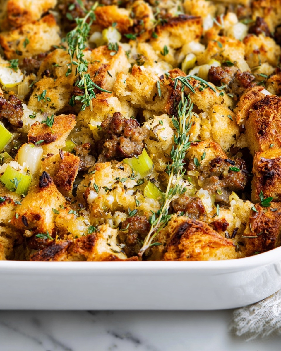 The image shows a close-up of a white baking dish filled with a layered casserole. The top layer is made of golden-brown baked bread chunks mixed with green celery pieces and bits of cooked ground meat, scattered evenly across the surface. There are some bright green parsley leaves sprinkled throughout, and a few sprigs of fresh thyme lie on top. The texture looks soft and crumbly with some crisp edges. A white spoon is scooping a portion from the bottom left corner. The background surface is white marble. Photo taken with an iphone --ar 4:5 --v 7