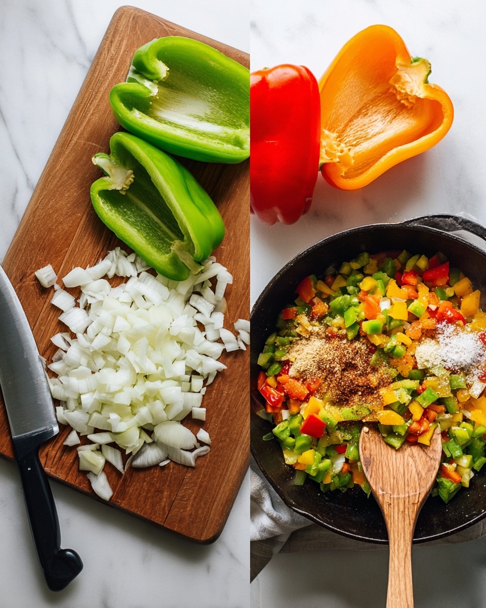 The image shows two parts side by side on a white marbled texture. On the left, a wooden cutting board holds three large bell pepper halves in green, red, and orange, along with sliced and chopped white onion pieces at the bottom. A knife with a black handle lies next to the cutting board. On the right, a black cast-iron skillet contains chopped green, red, yellow bell peppers and onions, mixed with a pile of brown spices and salt on top. A wooden spoon rests inside the skillet, its handle extending upward. Photo taken with an iphone --ar 4:5 --v 7