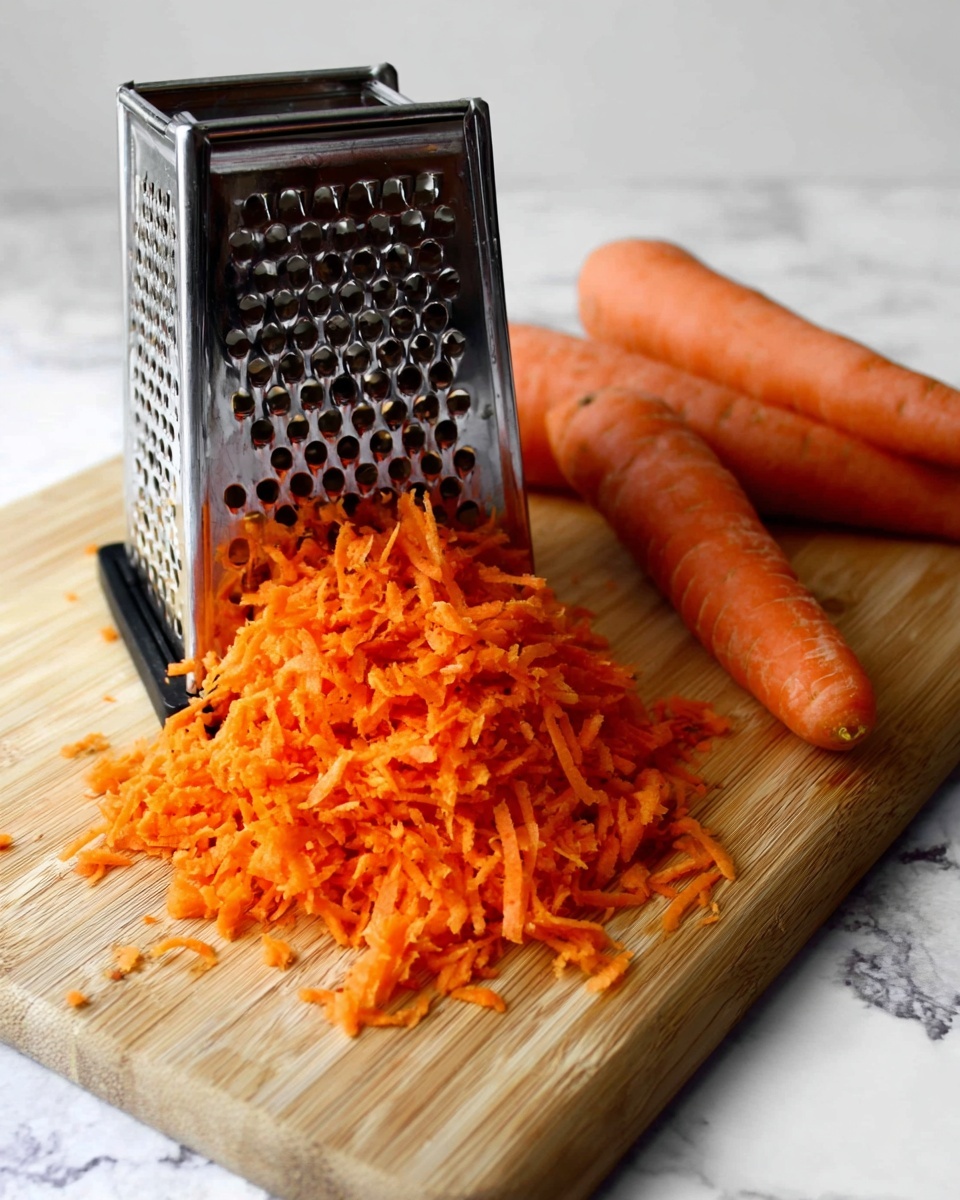 A metal box grater is standing on a light wooden cutting board with a pile of bright orange shredded carrots right in front of the grater's side with large holes. Three whole carrots, two small and one medium size, lie to the right of the shredded pile. The background shows a white marbled texture. photo taken with an iphone --ar 4:5 --v 7