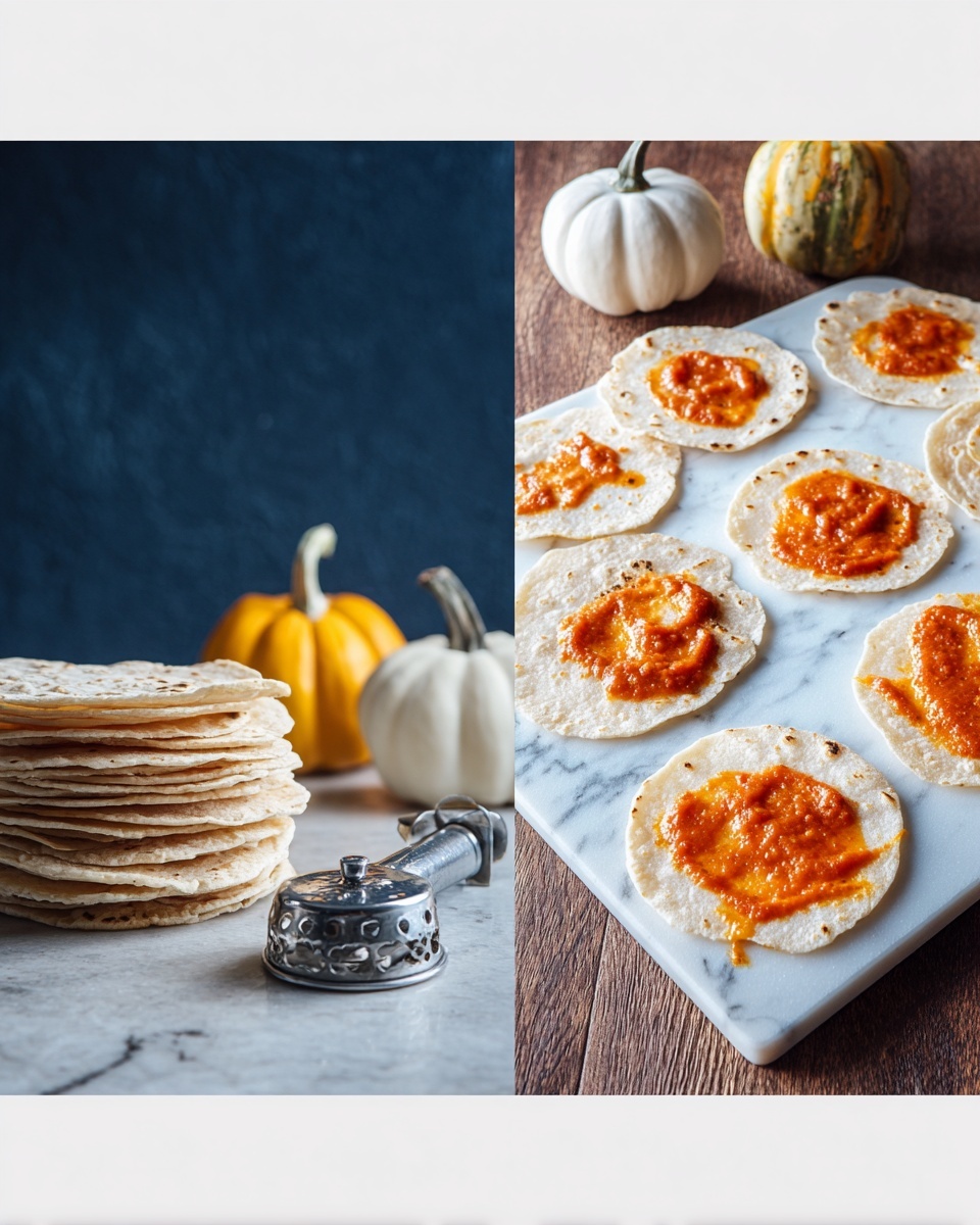 The image shows two parts: on the left, a tall stack of thin, round flatbreads is placed on a white marbled surface, beside a metal wrapper cutter and small decorative pumpkins in yellow, white, and light grey colors, with a dark blue background behind. On the right, a white marbled board lies on a wooden surface, holding nine small round flatbreads each with a spread of orange tomato sauce on top, with some sauce spread unevenly and a bit dripping on the board. Photo taken with an iphone --ar 4:5 --v 7