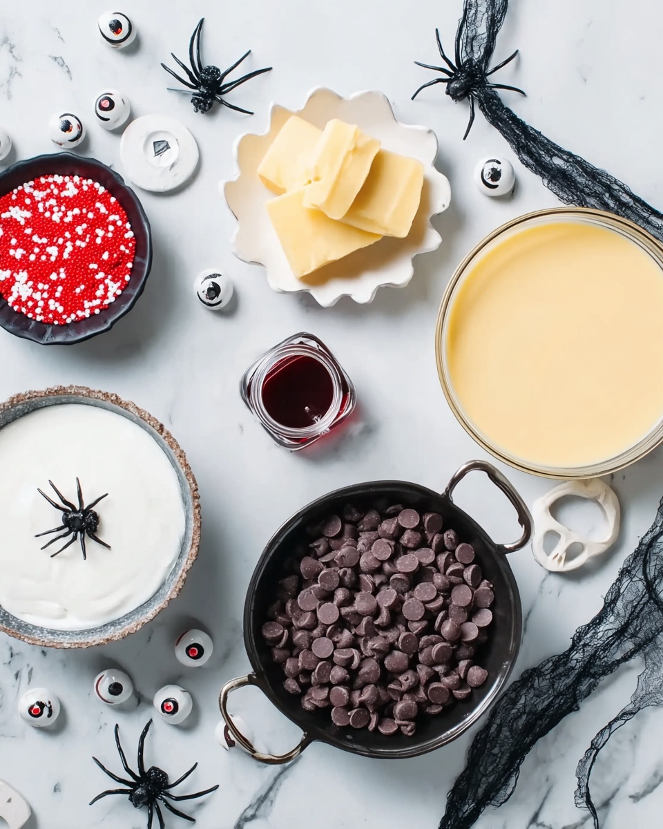 A top view of a white scalloped small bowl holding two small yellow butter squares and a tiny jar with dark red syrup on top, placed on a white marbled surface. Near it, a round glass bowl filled with smooth light yellow custard sits beside a silver rimmed dish containing white thick cream. Below them, a black pan is filled with dark brown chocolate chips with a woman’s hand reaching in. To the left, another black pan holds red sprinkles and several white candy eyeballs with red veins around the edges. Around all these containers are white painted plastic bones and small black plastic spiders scattered on the white marbled background. photo taken with an iphone --ar 4:5 --v 7
