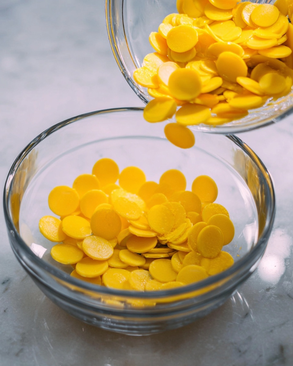 The image shows two clear glass bowls, one held above the other, with bright yellow round discs being poured from the top bowl into the bottom bowl. The yellow discs have a smooth and shiny texture, and they pile up in the lower bowl. The bowls sit on a white marbled surface that reflects light softly. The scene captures the moment of the discs moving between bowls, with the background blurred to keep focus on the bowls and discs. Photo taken with an iphone --ar 4:5 --v 7