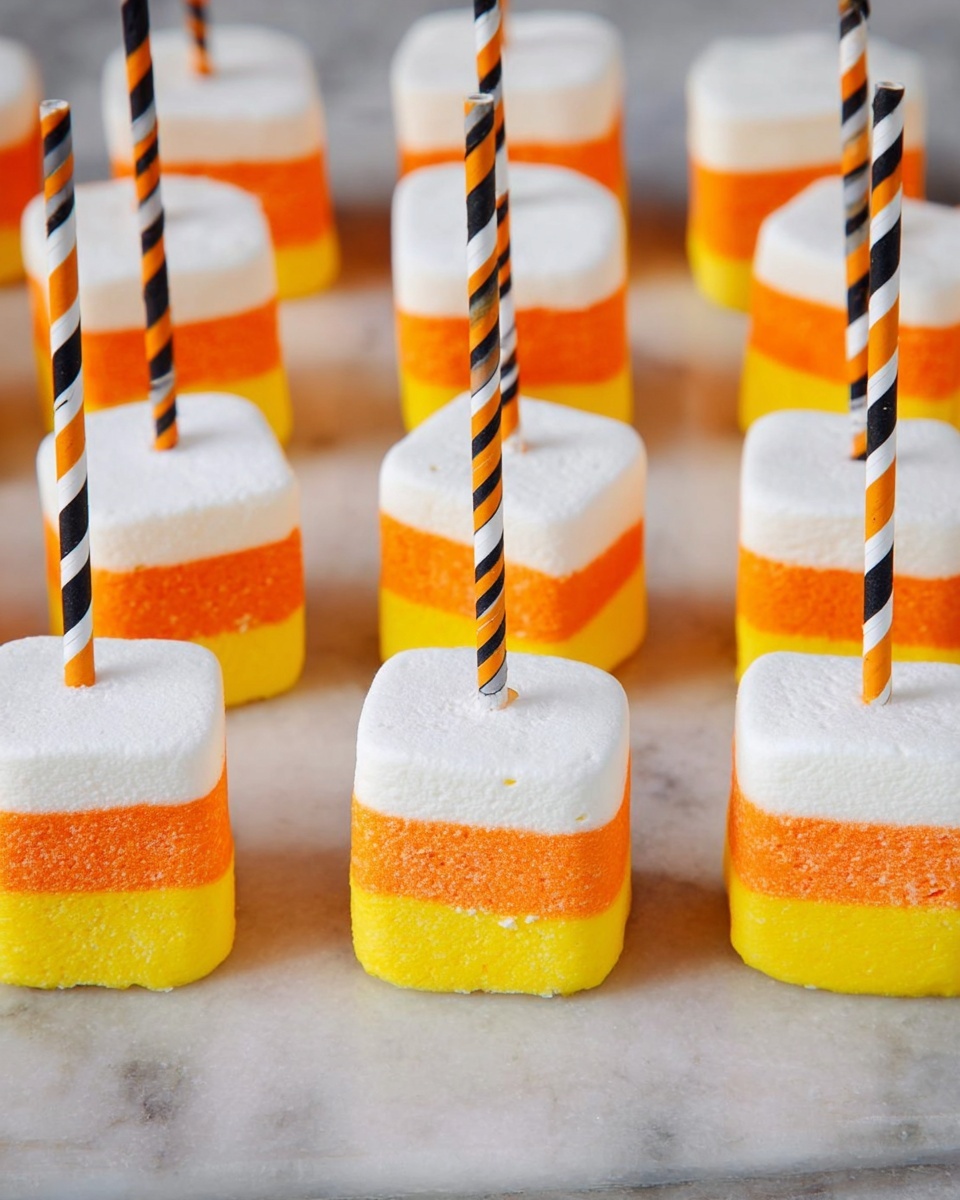 The image shows many small treats arranged in rows on a white marbled surface. Each treat has three thick layers stacked vertically: the bottom layer is bright yellow, the middle layer is orange, and the top layer is white, resembling large marshmallows. Each treat has a thin striped stick stabbed through the center from top to bottom, with some sticks having black and orange patterns and others having white, orange, and black stripes. The overall look is colorful and festive with clean, even layers and smooth textures. Photo taken with an iphone --ar 4:5 --v 7