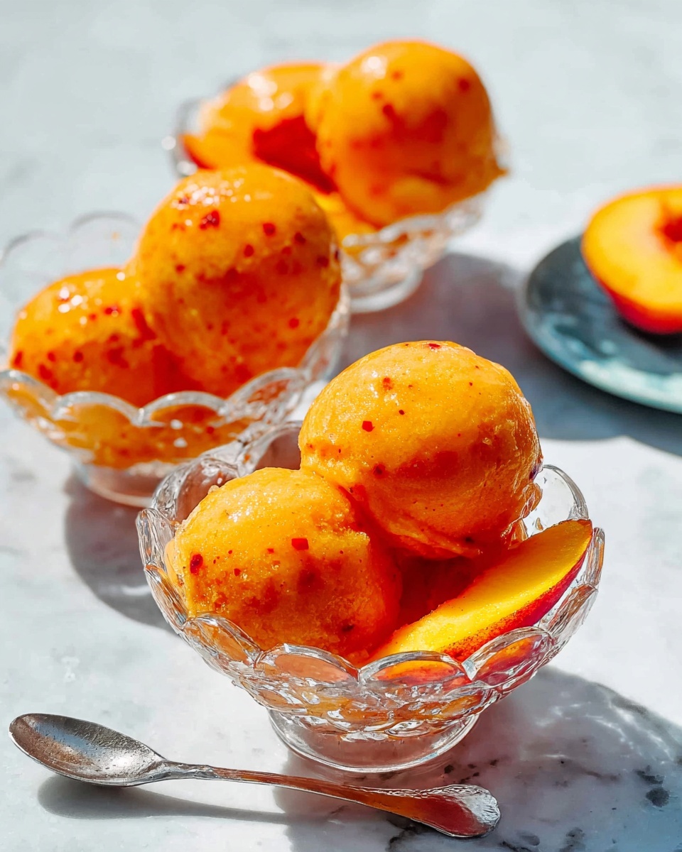 The image shows a rectangular white dish filled with smooth, creamy peach-colored ice cream that has small red flecks throughout. On top, two thin peach slices lay slightly embedded in the ice cream near the upper right side. A silver ice cream scoop is partially inside the dish, holding a round scoop of the peach ice cream. The dish rests on a white marbled surface with soft shadows, and a white cloth with black stripes peeks out from underneath. Photo taken with an iphone --ar 4:5 --v 7