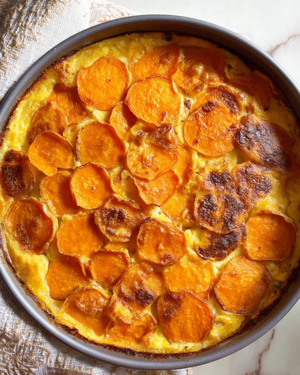 A round dish filled with soft, golden layers of baked slices that appear to be sweet potatoes, arranged in overlapping circles across the top. The top layer is a mix of light and darker orange slices with slightly crispy edges, giving a textured look. Beneath the potato slices is a creamy, baked yellowish layer with browned patches around the edges, hinting at melted cheese or custard. The dish is in a gray round pan on a white marbled surface, with part of a white cloth visible at the corner photo taken with an iphone --ar 4:5 --v 7