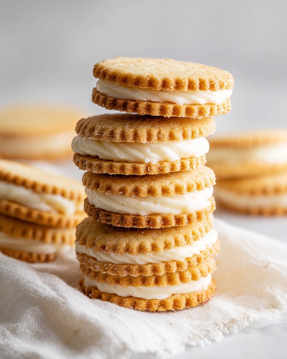 A stack of six sandwich cookies with scalloped edges sits on a white marbled surface with a white cloth beside it. Each cookie has two light golden-brown layers with a creamy white filling in between. The cookies have a slightly textured and crumbly look, with the filling thickly spread. More cookies, blurry, appear in the background on the same white marbled surface. The lighting is soft and natural, emphasizing the warm colors and texture of the cookies. Photo taken with an iphone --ar 4:5 --v 7