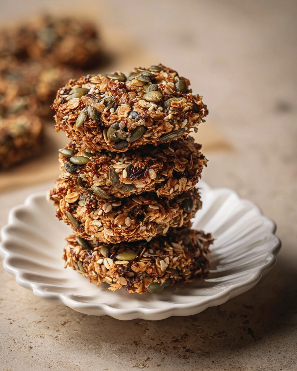 A stack of four round granola clusters sits on a white scalloped plate. Each cluster is thick and textured, made of oats, pumpkin seeds, sesame seeds, and small nut pieces, showing a mix of light brown, dark brown, and green colors. The clusters have a crispy, uneven surface with visible seeds and nuts sticking out. The plate rests on a rough beige surface with blurred cluster pieces in the background. The lighting highlights the crunchy texture of the clusters. Photo taken with an iphone --ar 4:5 --v 7