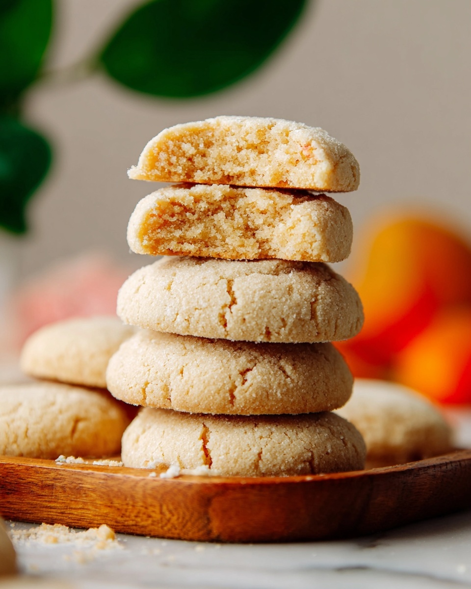 A stack of five round, beige cookies sits on a white marbled surface with a blurred green leaf and some orange shapes in the background. The cookies have a crumbly texture with the top cookie broken in half and resting on the second cookie, showing the soft, grainy inside. The cookies are placed on a wooden tray that is smooth and warm in color, contrasting with the light color of the cookies and the white marbled background. Photo taken with an iphone --ar 4:5 --v 7