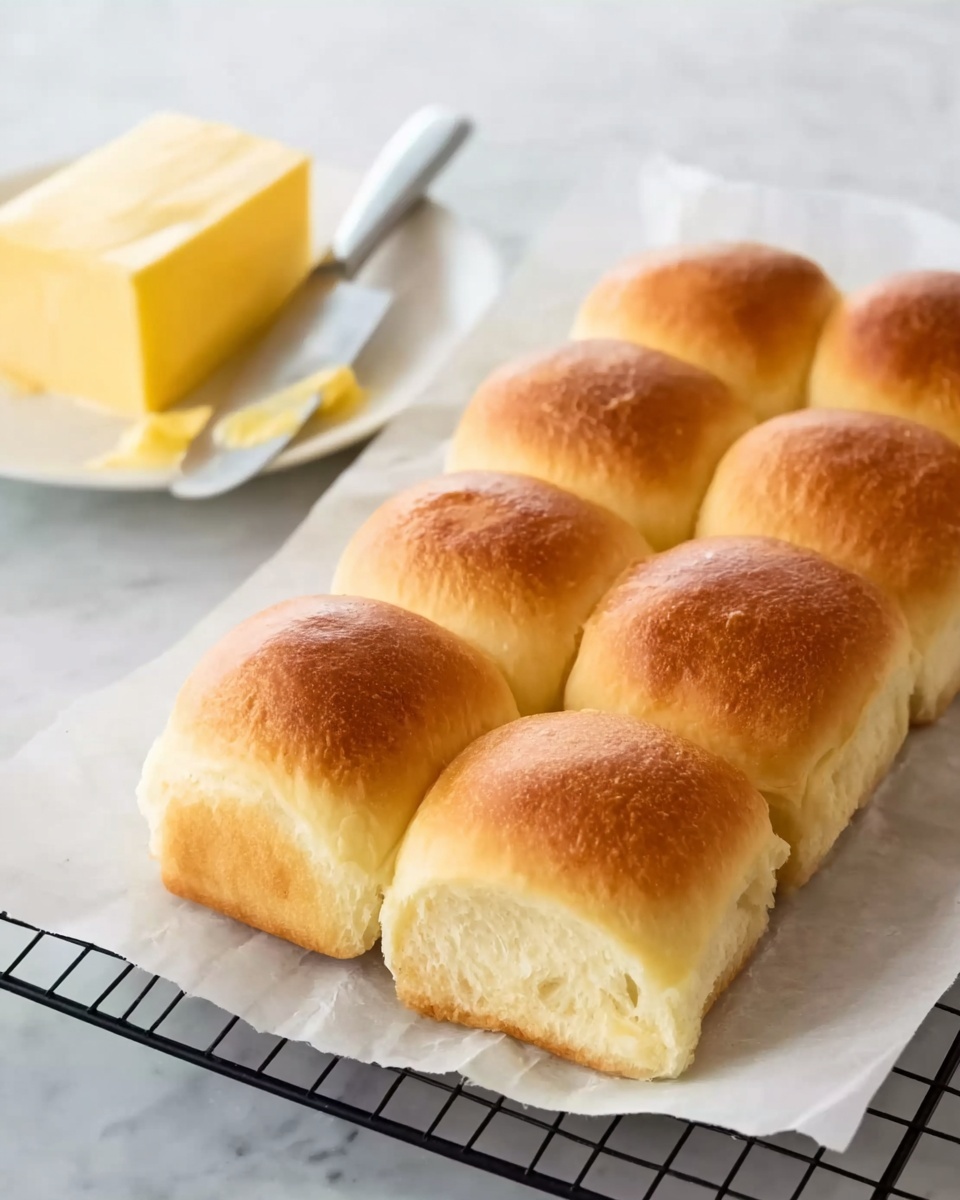 The image shows a group of nine soft bread rolls arranged in a 3x3 pattern on a white parchment paper lined on a black cooling rack. Each roll has a golden-brown top with a smooth and fluffy texture, and the sides are pale and soft. To the left, there is a white rectangular plate holding a block of yellow butter with a silver butter knife resting on it. The whole scene is set on a white marbled surface. photo taken with an iphone --ar 4:5 --v 7