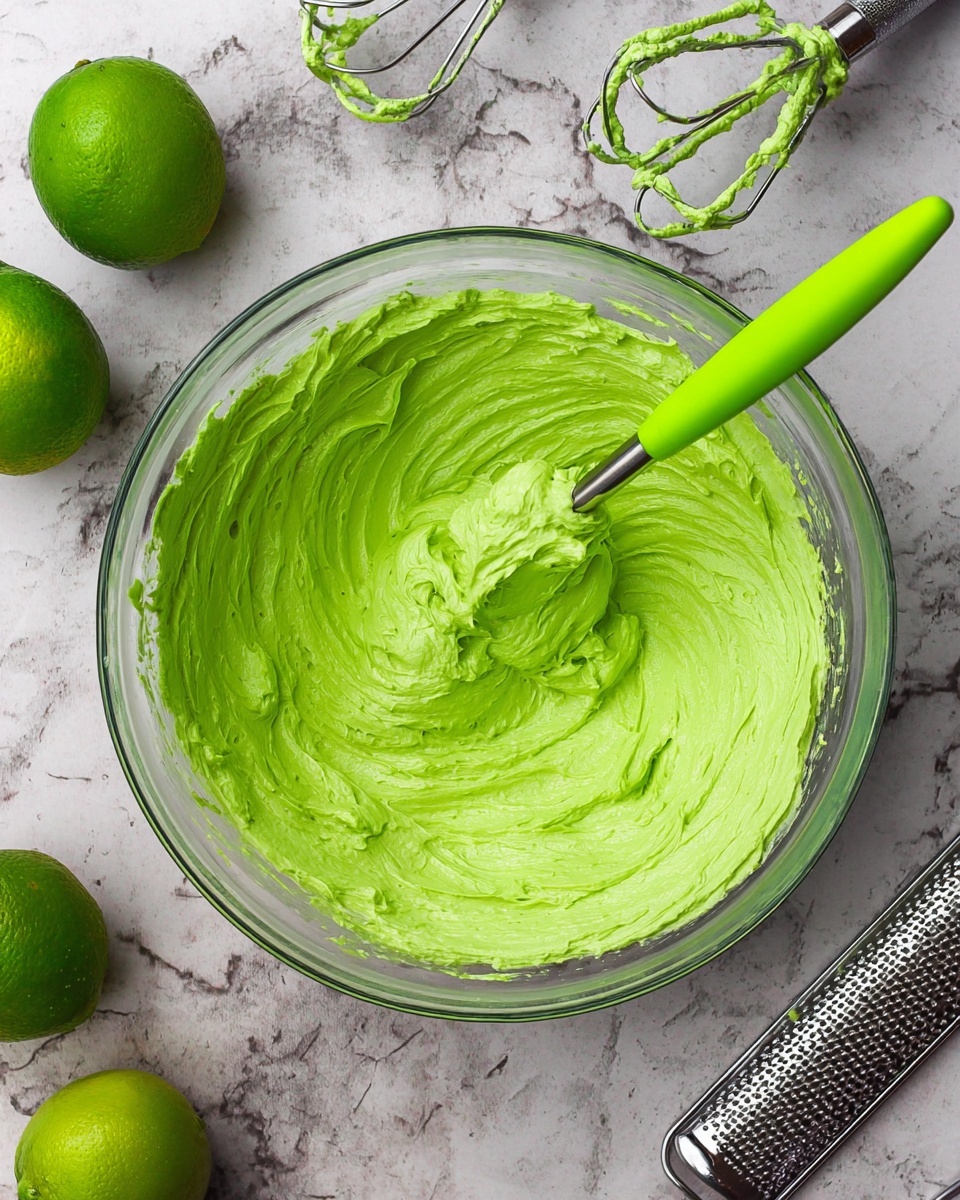 A clear glass bowl filled with smooth, creamy, bright green lime-flavored frosting, with a matching lime green silicone spatula resting inside, all placed on a white marbled surface. Around the bowl, there are three whole green limes on the left, a metal hand mixer with lime green frosting remnants on the top right, and a metal grater with some lime zest on the bottom left. The textures are creamy and thick, with soft swirls visible in the frosting photo taken with an iphone --ar 4:5 --v 7