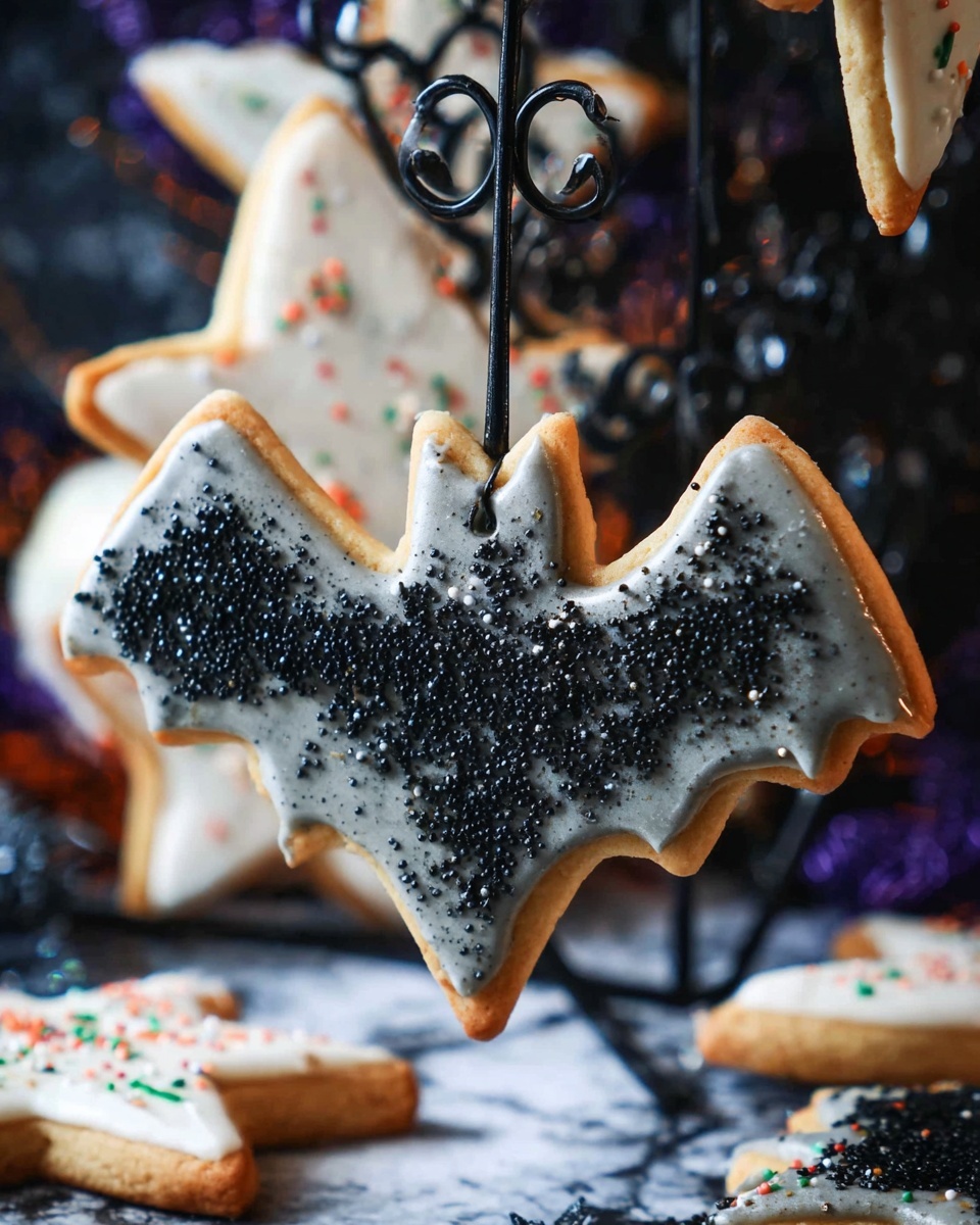 The image shows a bat-shaped cookie decorated with a smooth layer of light gray icing covering the entire top surface, with generous black sugar crystals sprinkled densely over the icing. The cookie has a light golden brown edge, and it hangs suspended by a thin string attached to a black metal hook with a curled design. In the background, there is another star-shaped cookie with white icing and small colorful sprinkles, and more cookies are visible blurry on a white marbled surface below. The setting has a dark and sparkly ambiance. photo taken with an iphone --ar 4:5 --v 7