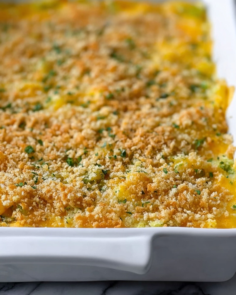 The image shows a white rectangular baking dish filled with a baked casserole. The top layer is golden yellow with a rough texture from melted cheese mixed with small green bits, likely herbs or vegetables. The surface is sprinkled with a crumbly, light brown topping that looks like crushed crackers or breadcrumbs unevenly spread across. The dish is placed against a white marbled texture background and is photographed very close up, focusing on the handle of the dish in the foreground. photo taken with an iphone --ar 4:5 --v 7