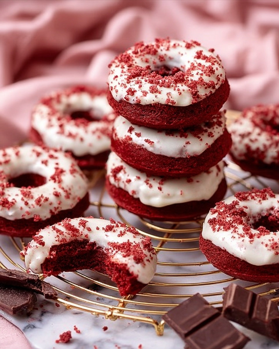 The image shows several red donuts with white icing on top, scattered and stacked in a pile on a white marbled surface. Each donut has a smooth white icing layer on top with red crumbs sprinkled on it, giving texture and color contrast. The donuts have a soft, dense texture visible under the icing. Nearby, there are small pieces of dark chocolate scattered around. A woman's hand is holding one donut at the left side of the image. The overall scene is bright with soft lighting and a clean, simple setting. Photo taken with an iphone --ar 4:5 --v 7