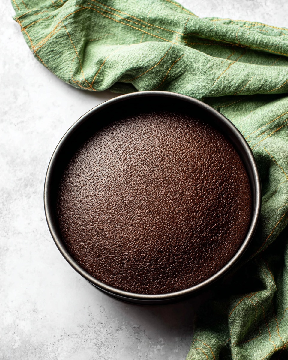 A single round dark brown chocolate cake layer sits in a black metal baking pan, showing a softly cracked surface with a slightly textured, moist appearance. The pan is placed on a white marbled surface, and a soft green cloth with yellow stitching is loosely draped in the background above the cake. The scene is calm and simple, focusing on the smooth, rich cake layer inside the pan photo taken with an iphone --ar 4:5 --v 7
