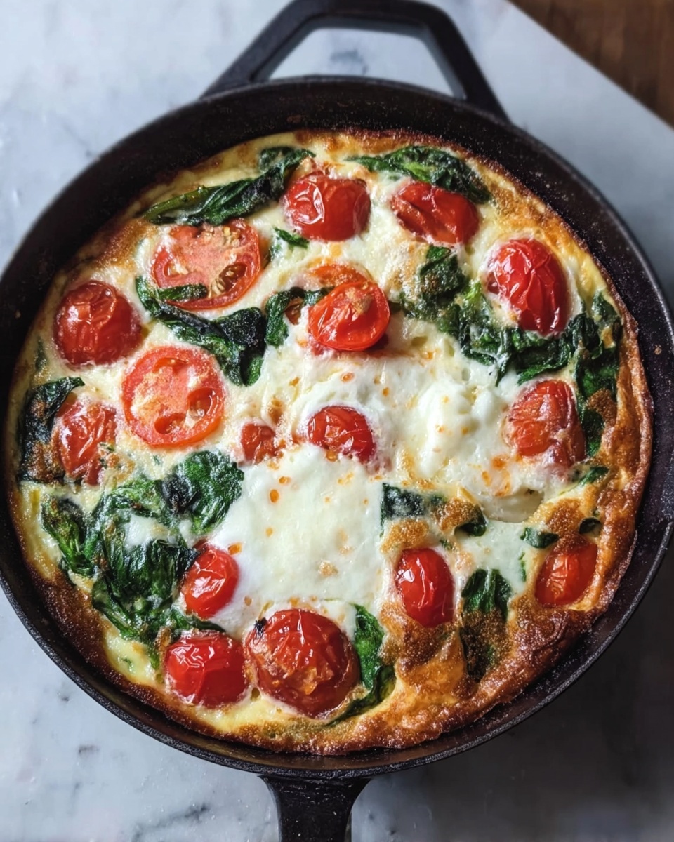 A round baked dish in a black pan with a handle contains layers of melted white cheese spread unevenly on top, bright red cherry tomato slices scattered across, and wilted dark green spinach leaves underneath. The edges of the dish are golden brown and slightly crispy, while the base shows a soft, cooked texture. The pan is placed on a white marbled surface. Photo taken with an iphone --ar 4:5 --v 7