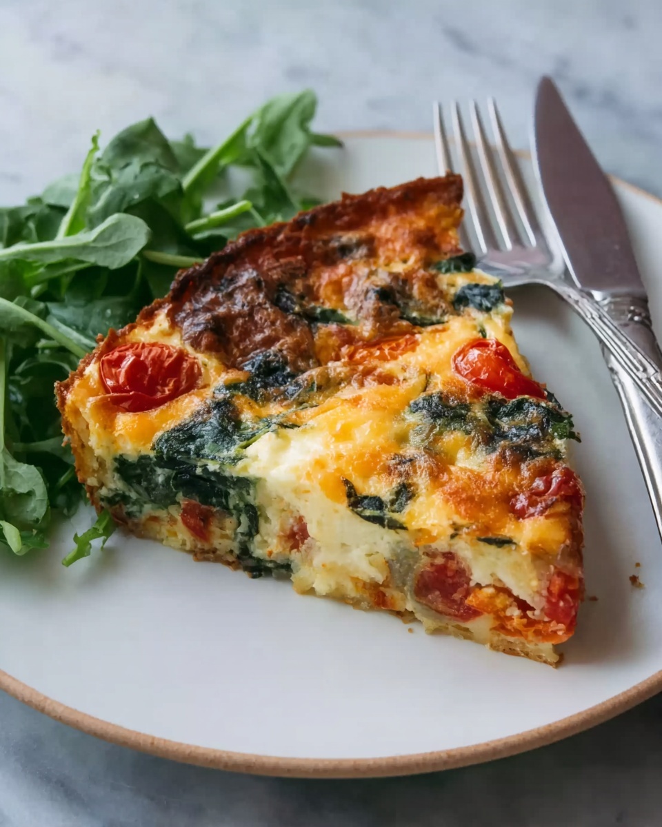 A slice of layered vegetable and cheese quiche sits on a white plate, showing colorful ingredients like melted golden brown cheese, bright green spinach, red cherry tomatoes, and bits of white creamy filling. The quiche has a slightly browned, crispy-looking crust around the edge. To the left of the slice, there is a small bunch of fresh green leaves. A silver fork and knife rest on the top right side of the plate. The plate is placed on a white marbled surface. Photo taken with an iphone --ar 4:5 --v 7