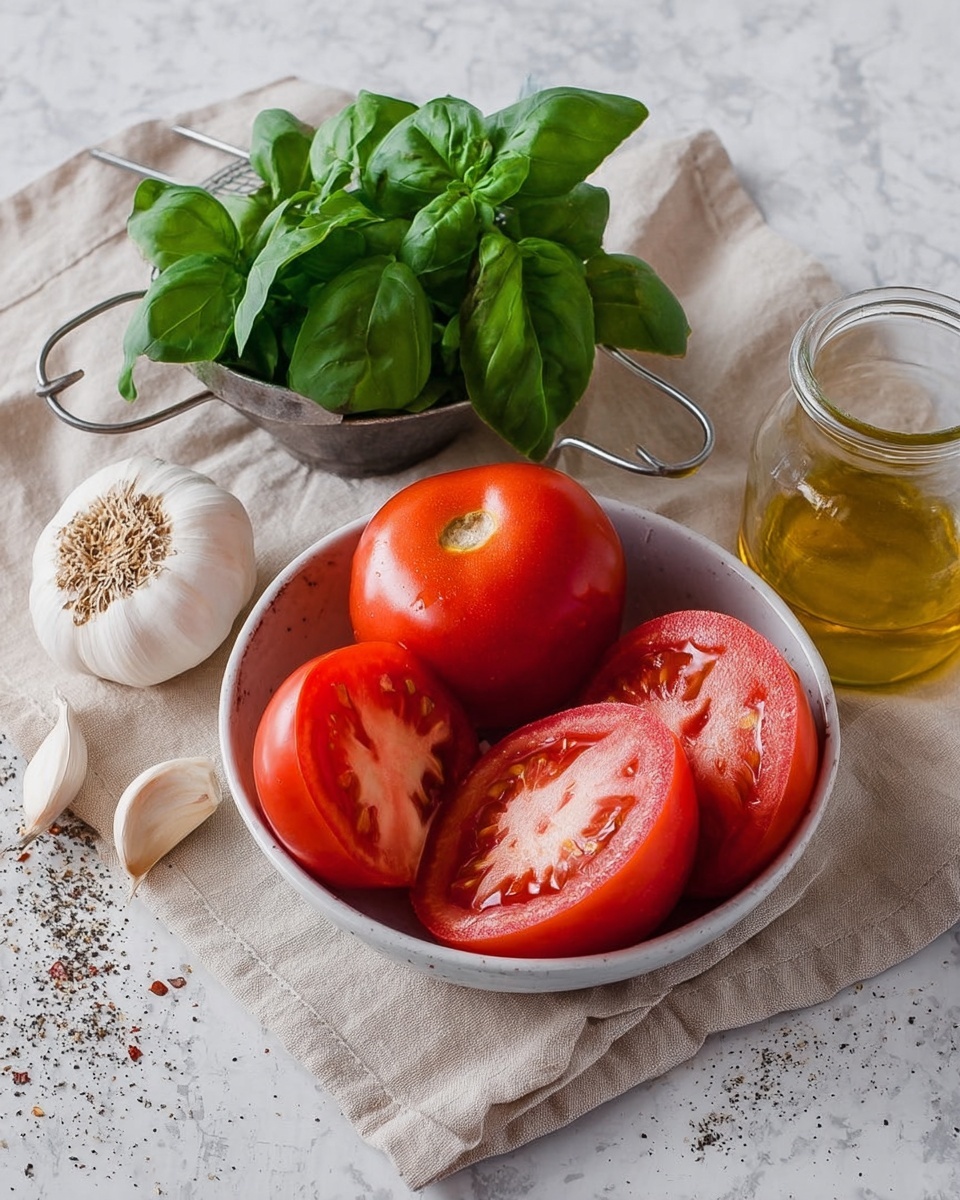 A white bowl holds three whole red tomatoes and two red tomato slices showing their juicy inside with seeds, placed on a beige cloth. Next to the bowl, a fresh bunch of green basil leaves rests inside a silver metal mold. Behind, a garlic bulb with several cloves sits on the cloth, which also has black pepper sprinkled on it. To the right, a small clear glass jar holds golden olive oil. Everything is arranged on a white marbled surface. Photo taken with an iphone --ar 4:5 --v 7