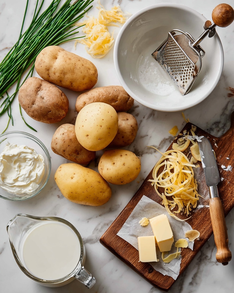 The image shows a cooking scene on a white marbled surface with several whole potatoes in different shades of brown and yellow placed in the center. To the top right, there is a white bowl with a vintage potato masher resting inside. On the bottom right, a wooden board holds a partially peeled potato, potato peels, and a peeler with a wooden handle. Nearby, a glass bowl contains white sour cream, and a stick of butter partially wrapped in paper lies next to it. A glass jug of milk sits toward the bottom left, with some green chives arranged near the top left corner of the image. Photo taken with an iphone --ar 4:5 --v 7