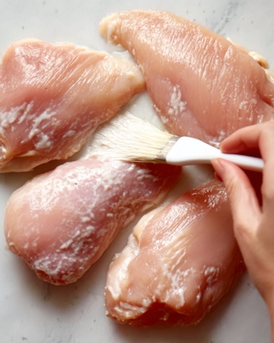 The image shows a close-up of four raw chicken pieces placed on a surface with a white marbled texture. The chicken pieces have a pale pink color with smooth and slightly shiny textures. A woman's hand is holding a small white brush, gently spreading a white substance onto one of the chicken pieces. The lighting is soft and evenly bright, highlighting the fresh, moist look of the chicken. Photo taken with an iphone --ar 4:5 --v 7