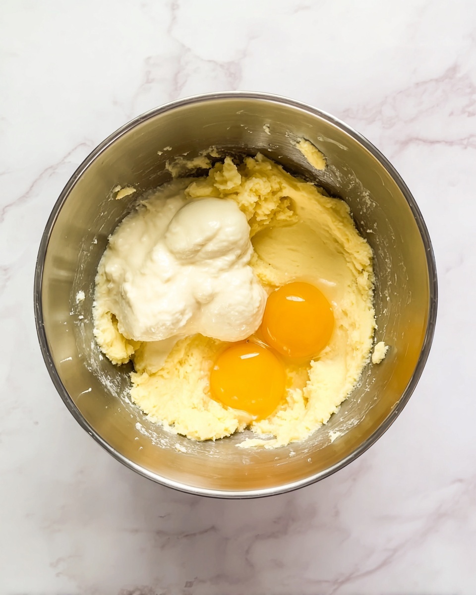 A metal mixing bowl on a white marbled surface holds a mixture with three layers: a base layer of light yellow mashed texture spread all around the bowl, a creamy white thick dollop on top mainly on one side, and two raw eggs with bright yellow yolks and clear whites situated near the center of the bowl, adding vibrant color contrast. Photo taken with an iphone --ar 4:5 --v 7