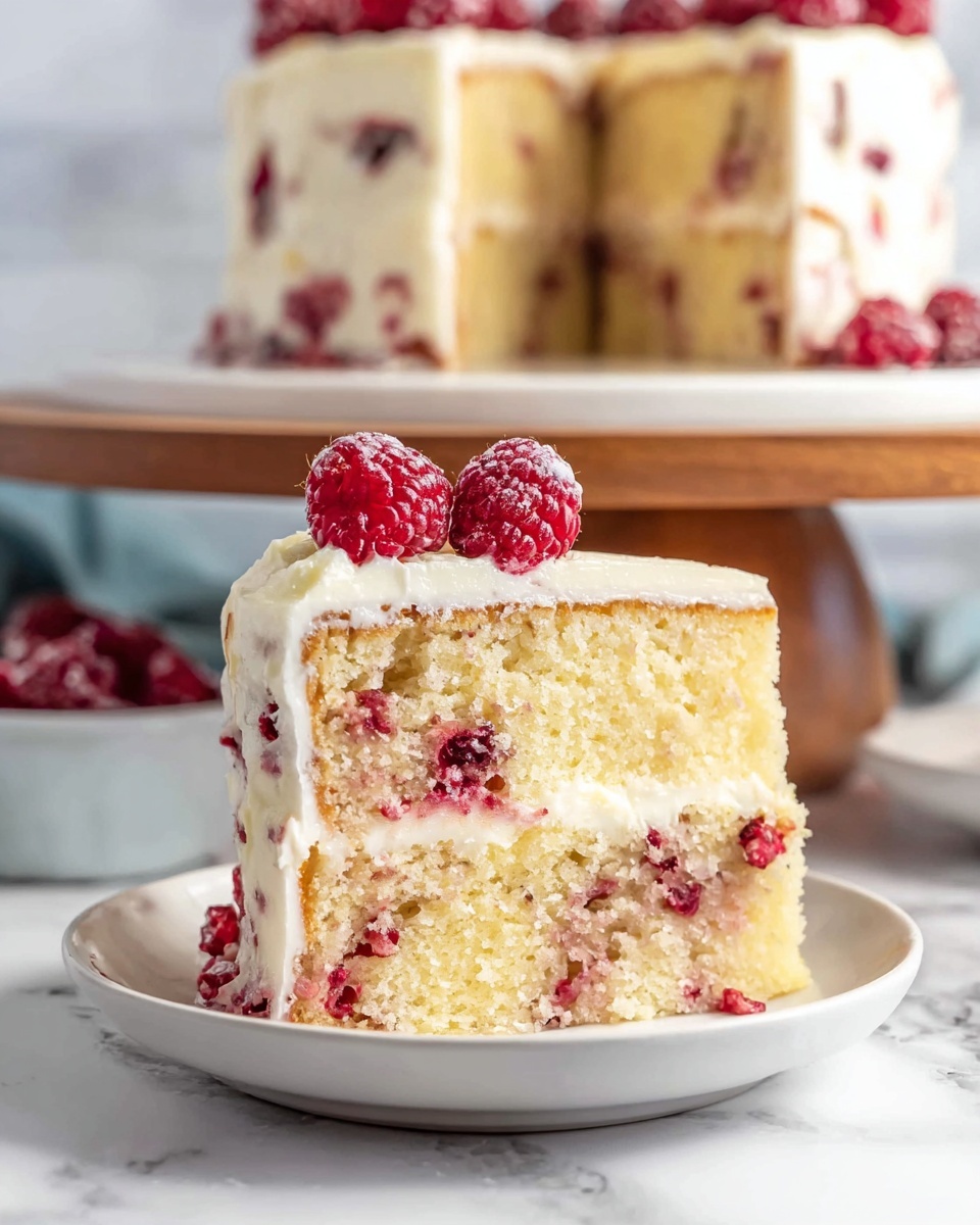 This image shows a two-layer vanilla cake with white frosting spread evenly between and on top of the layers. The cake is light yellow with some red raspberries inside the bottom layer and a few nestled in the middle. The top layer is decorated with a row of whole raspberries dusted lightly with powdered sugar. The cake sits on a rustic wooden cake stand, and the background is a white marbled texture. photo taken with an iphone --ar 4:5 --v 7
