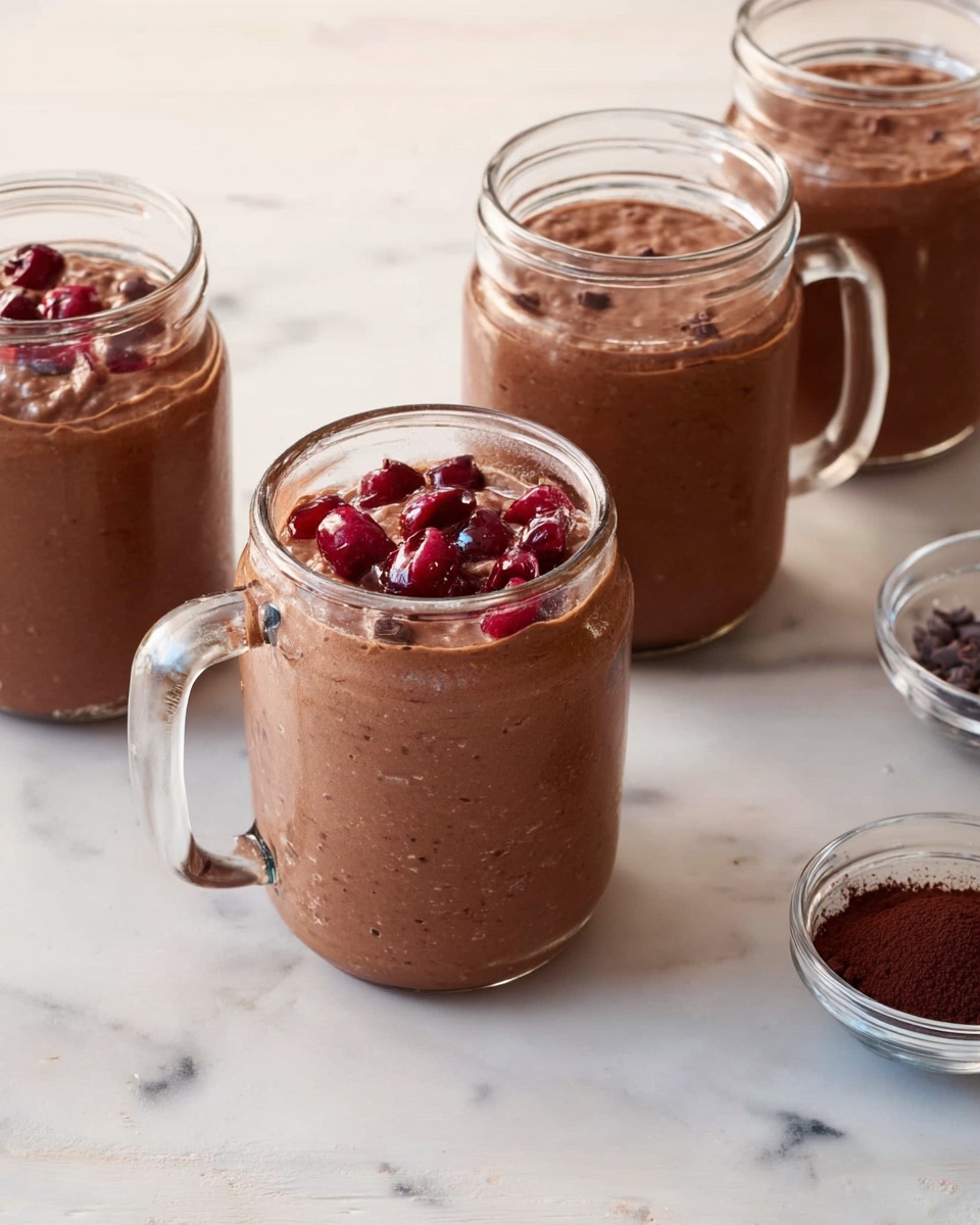 The image shows four clear glass mugs filled with a thick, brown chocolate mixture that looks creamy and slightly chunky, with one mug in the front topped with deep red cherry pieces sitting on a white marbled surface. The other three mugs in the background are similar in content but without any topping. There are two small clear glass bowls on the right side of the image containing dark brown powder and another ingredient, all placed on the white marbled surface. The lids are on two mugs in the background, and the mugs have clear handles. Photo taken with an iphone --ar 4:5 --v 7