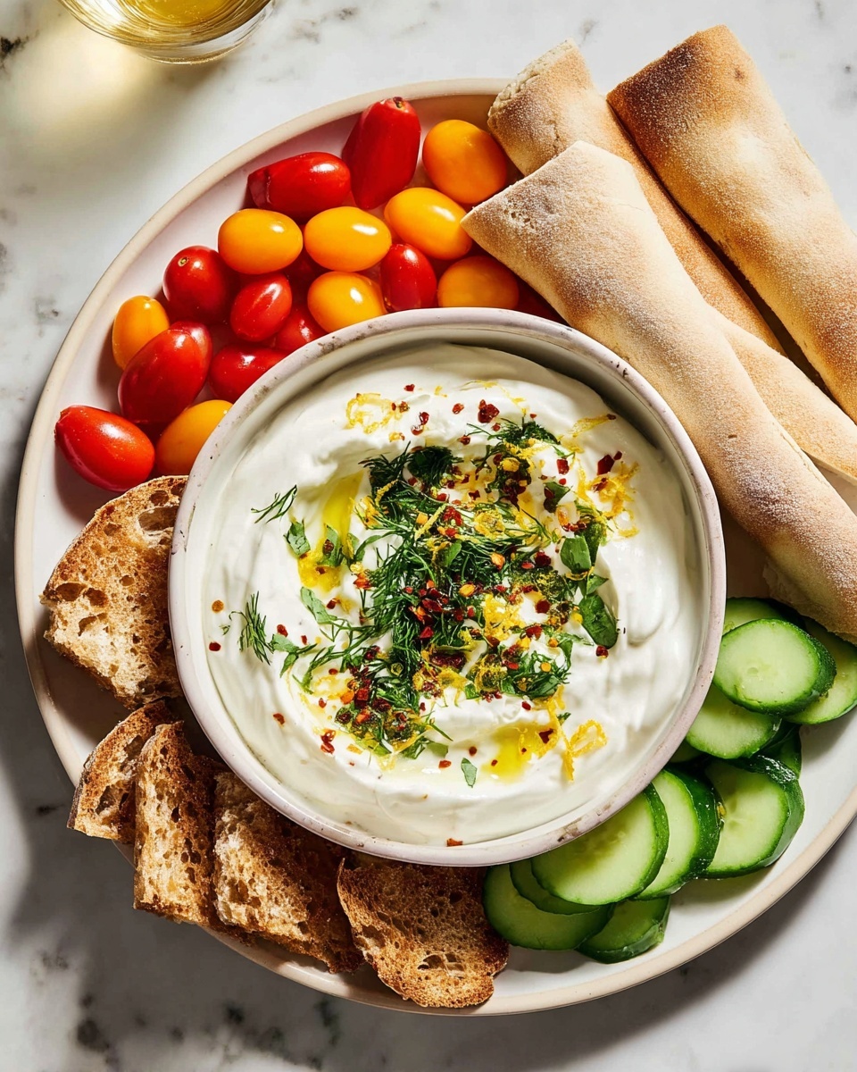 A white bowl filled with smooth white yogurt sits on the right side of a large white plate. The yogurt is topped with chopped green herbs, yellow lemon zest, red chili flakes, and a drizzle of yellow olive oil in the center. Around the bowl, layers include bright green cucumber slices at the bottom right, two long light beige crispy flatbreads leaning against the bowl, a cluster of small red and orange cherry tomatoes on the left, and several small slices of brown crunchy bread at the bottom left. The whole setup is on a white marbled surface. Photo taken with an iphone --ar 4:5 --v 7