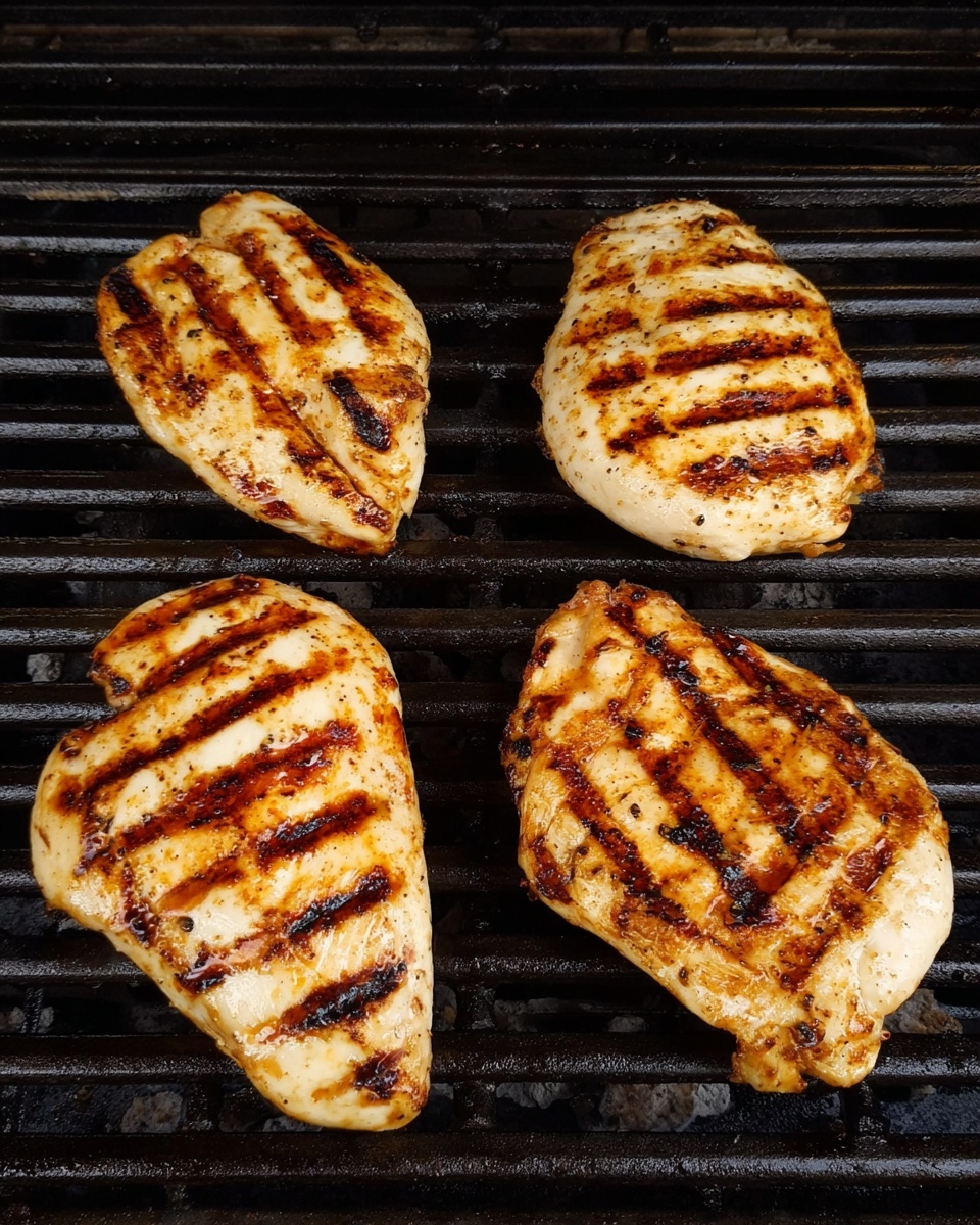 Four pieces of grilled chicken are shown on a black grill. Each piece is light golden with dark brown grill marks crossing horizontally. The chicken pieces are placed evenly, two on the top and two on the bottom, with a slightly shiny and moist texture. The grill is simple with dark metal bars and some ash or heat marks visible underneath. photo taken with an iphone --ar 4:5 --v 7